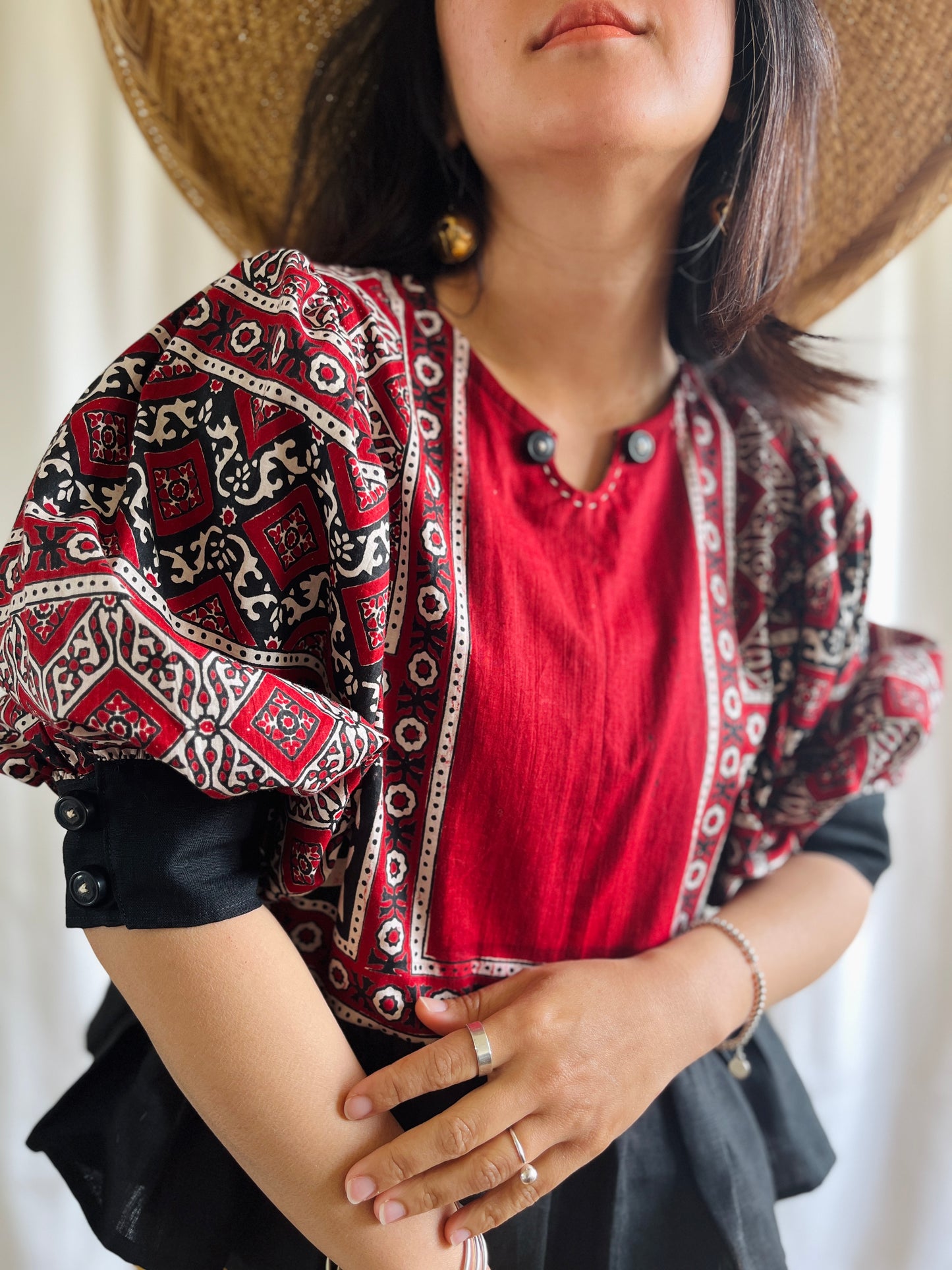 Silky Block Print Air Balloon Sleeve Tunic