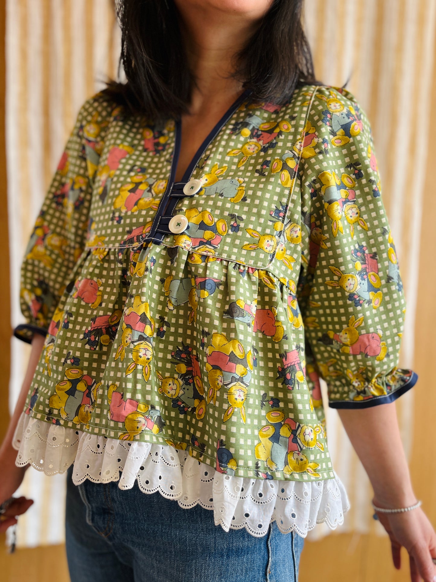 Rabbit and Snail vintage textile Goddess Blouse