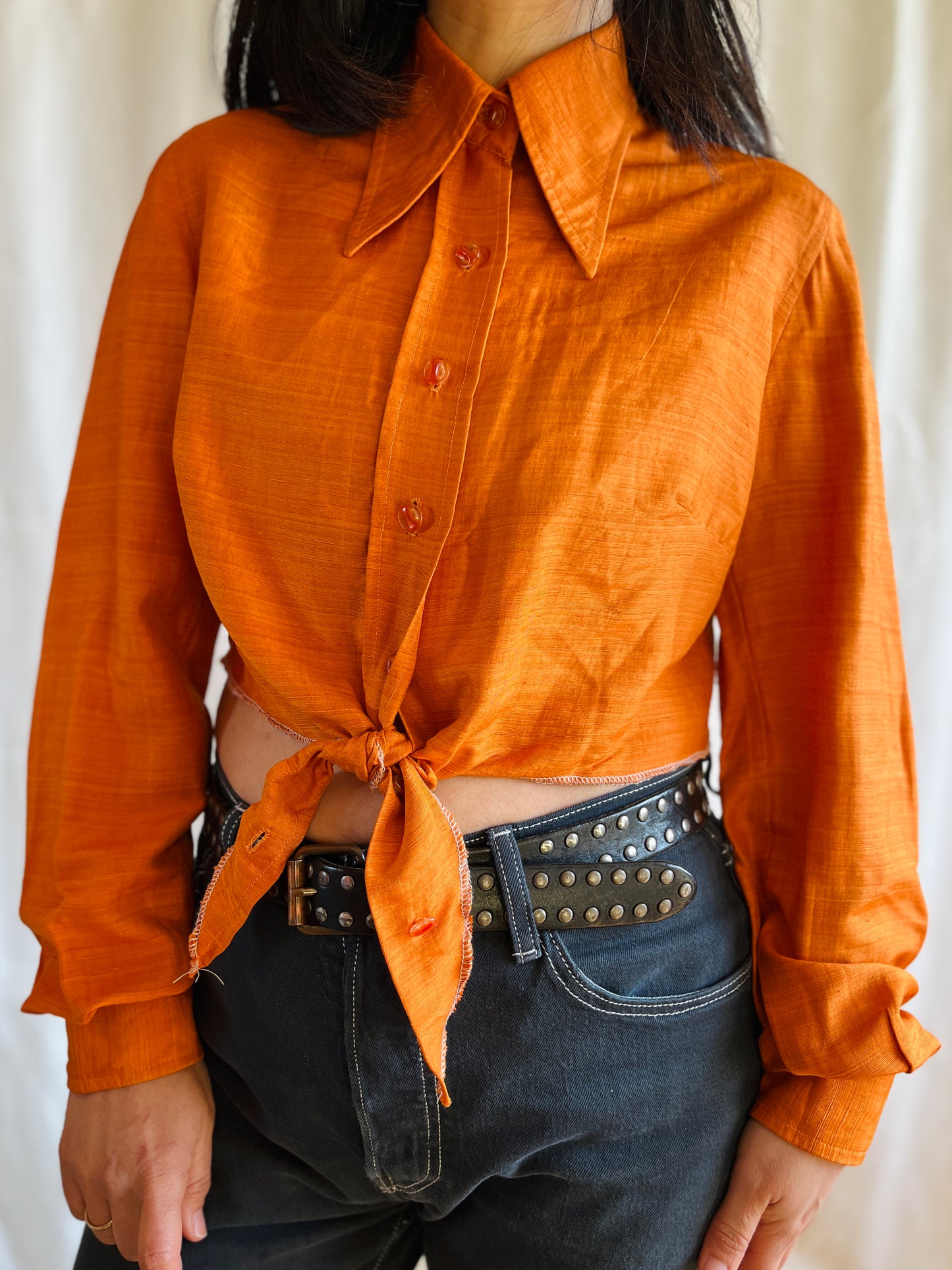 70s Pointy Collar copper metallic orange festive cropped shirt