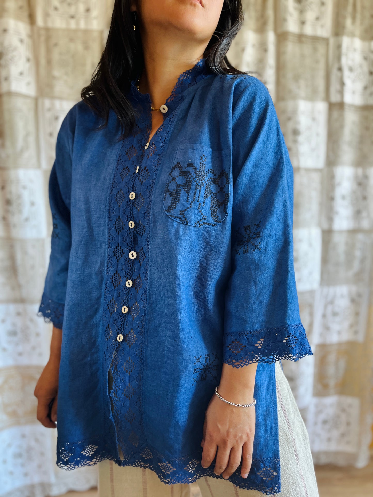Indigo dyed loose fit linen shirt