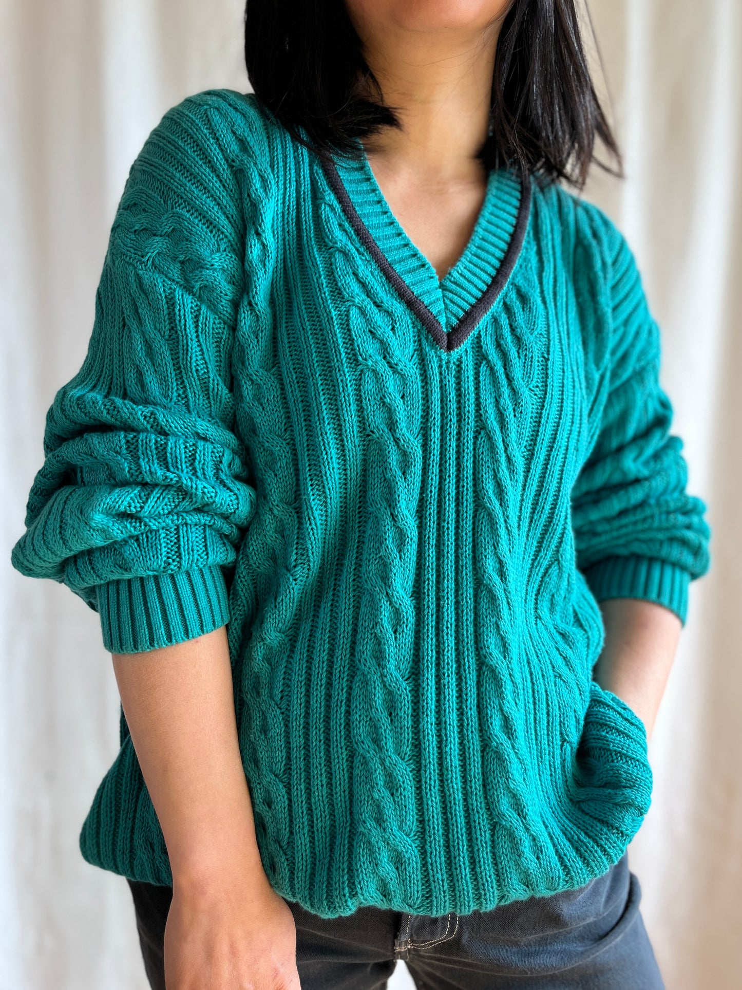 Vneck Cotton cable knit boyfriend jumper in turquoise blue