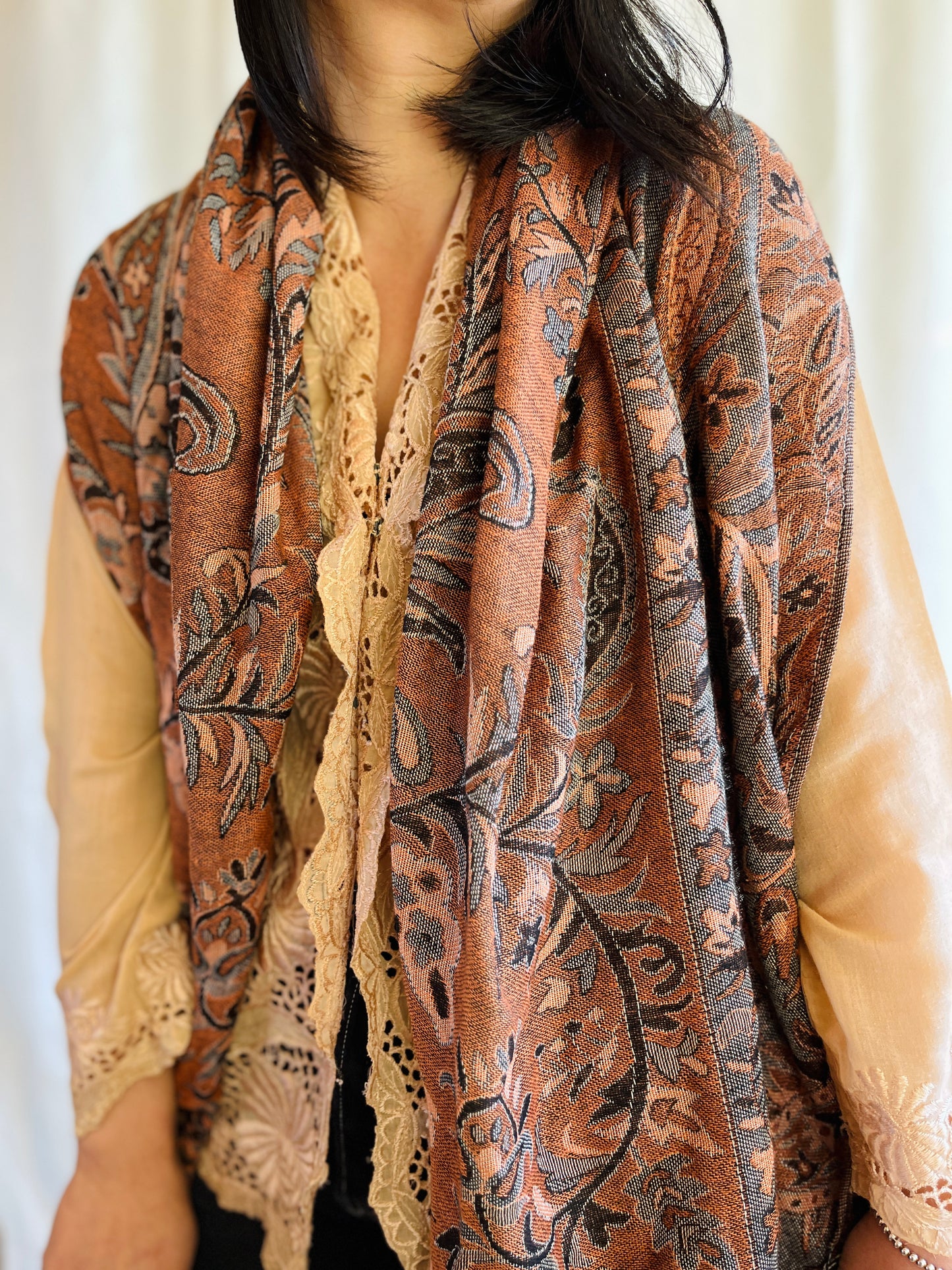 Rustic Reversible Bronze and peach orange Indian Woven Shawl
