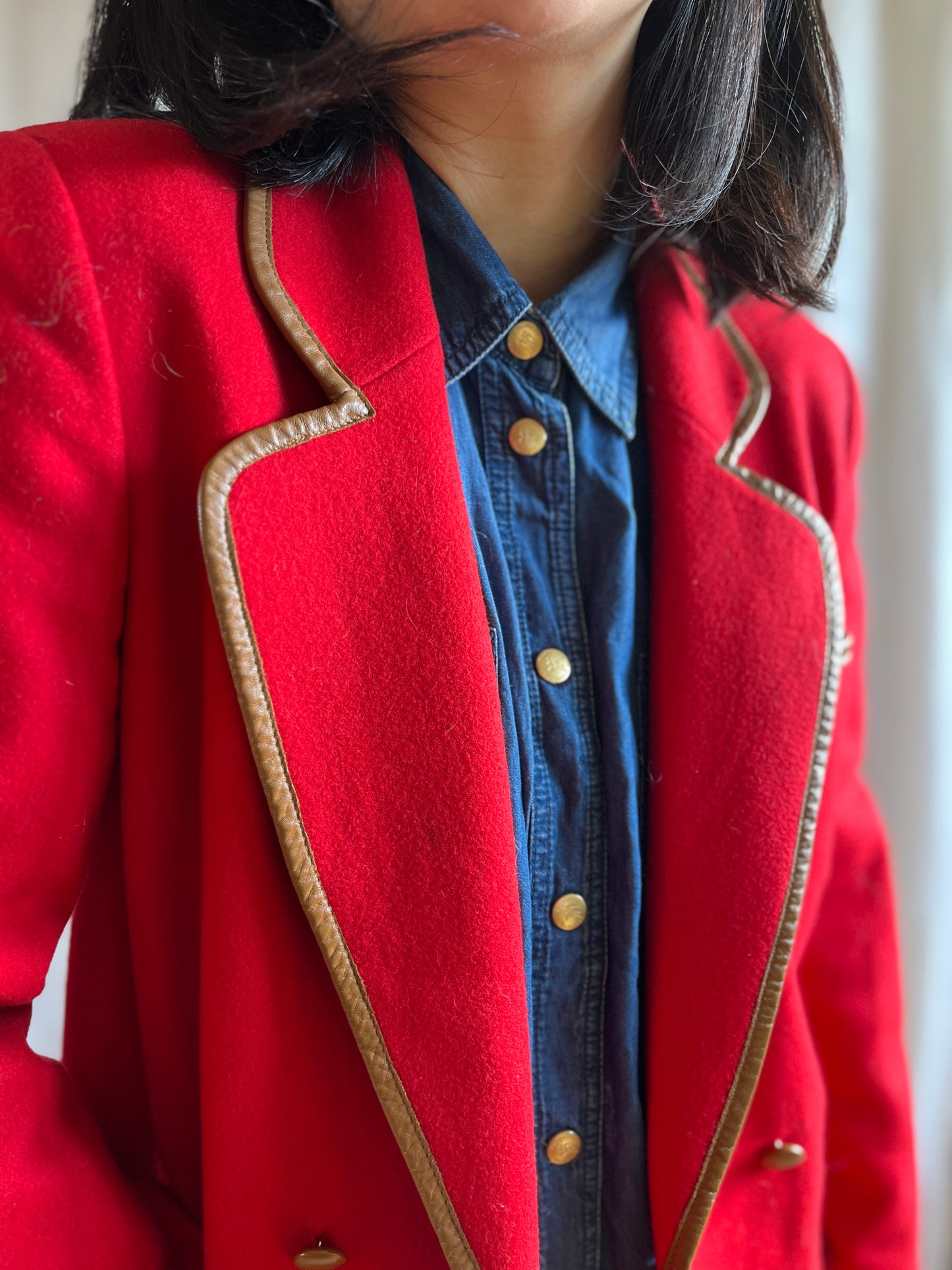 70s Cherry Red Wool Blazer with leather trims