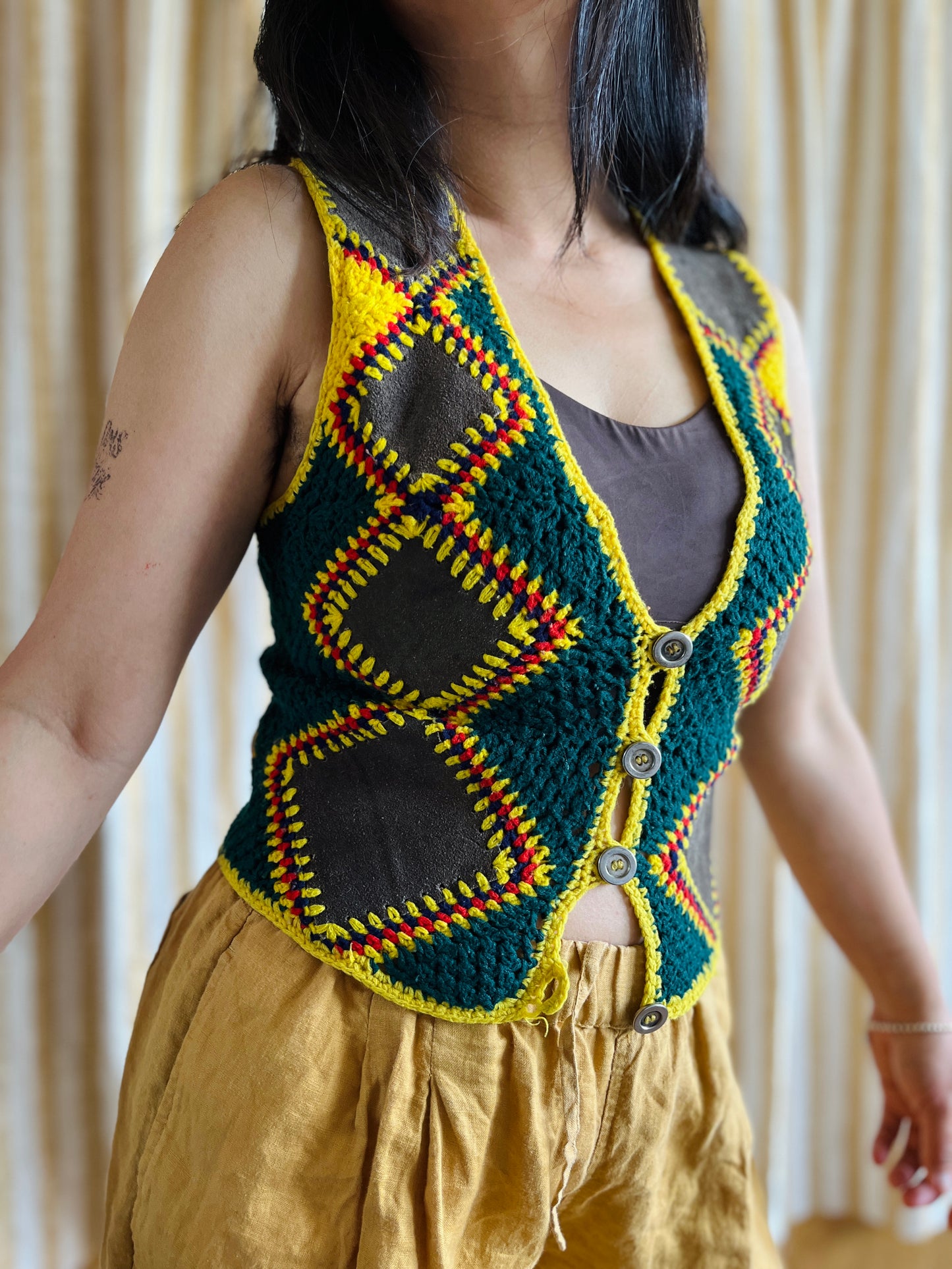 Vintage handmade Suede Crochet Patchwork Gilet