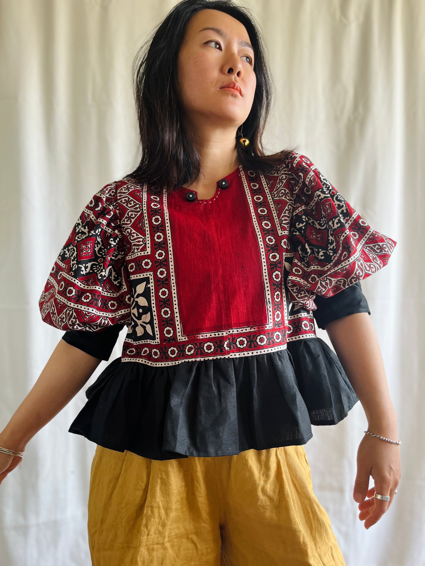 Silky Block Print Air Balloon Sleeve Tunic