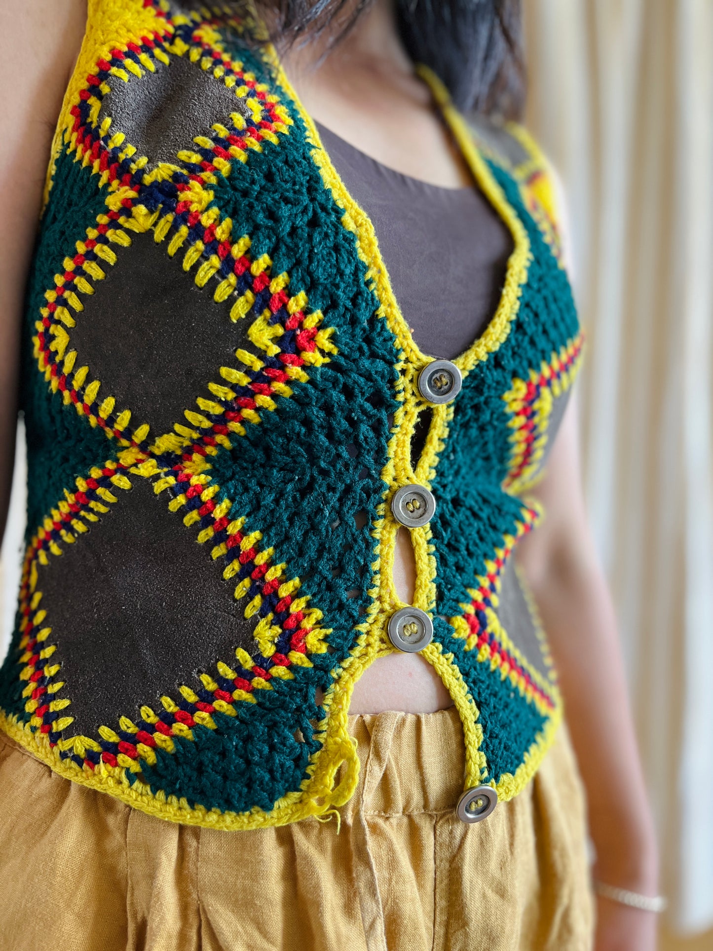 Vintage handmade Suede Crochet Patchwork Gilet
