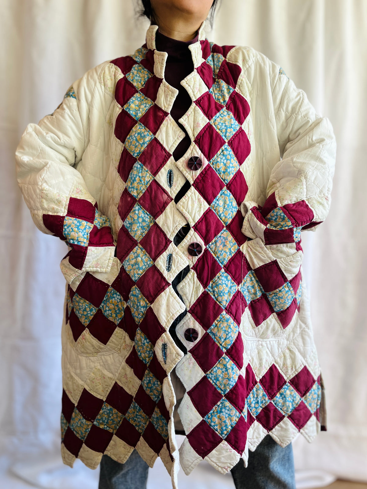 Hand quilted vintage blanket turns Long Coat
