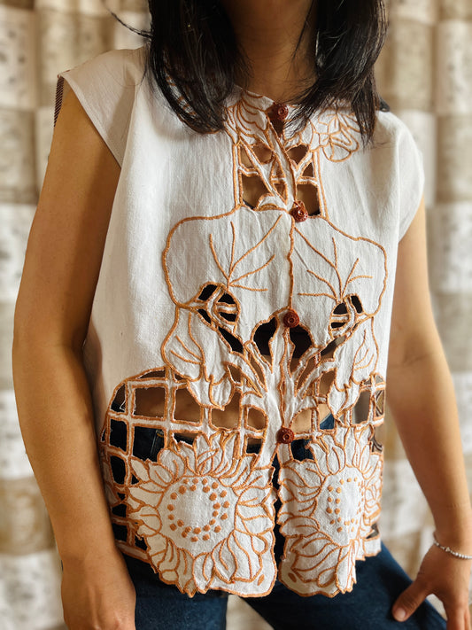 Sunflowers cut work antique top