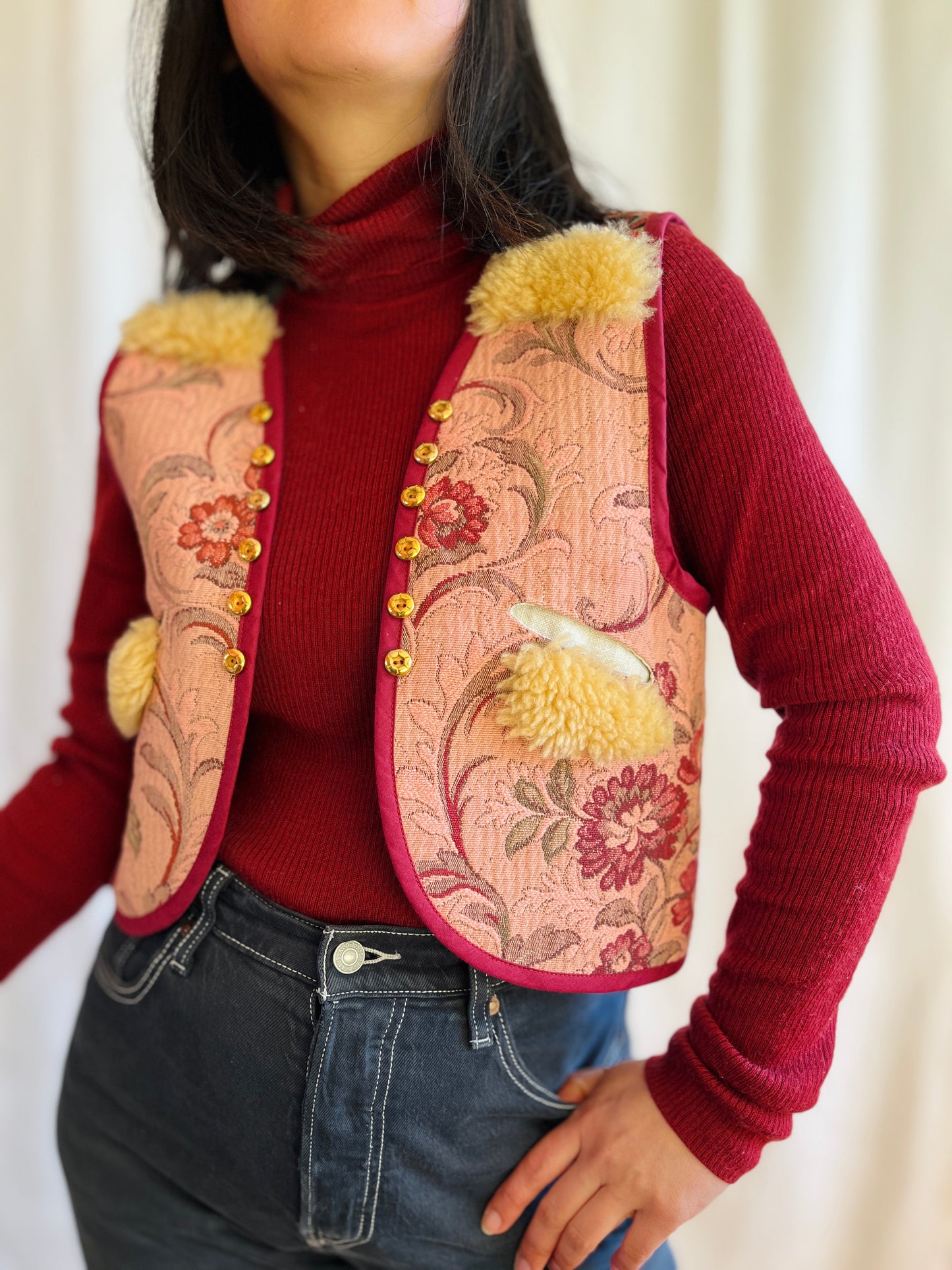 Sweater Gilet made from Vintage tapestry and shearling scraps