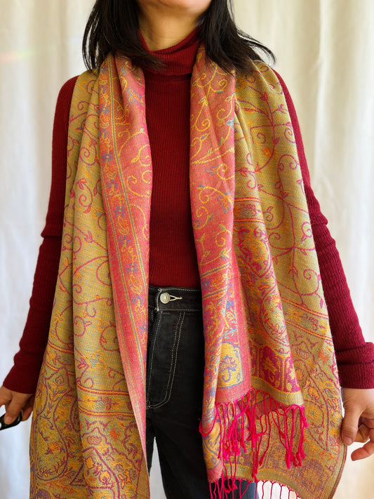 Vintage Pashmina Silk Shawl Reversible Tassel Paisley woven scarf