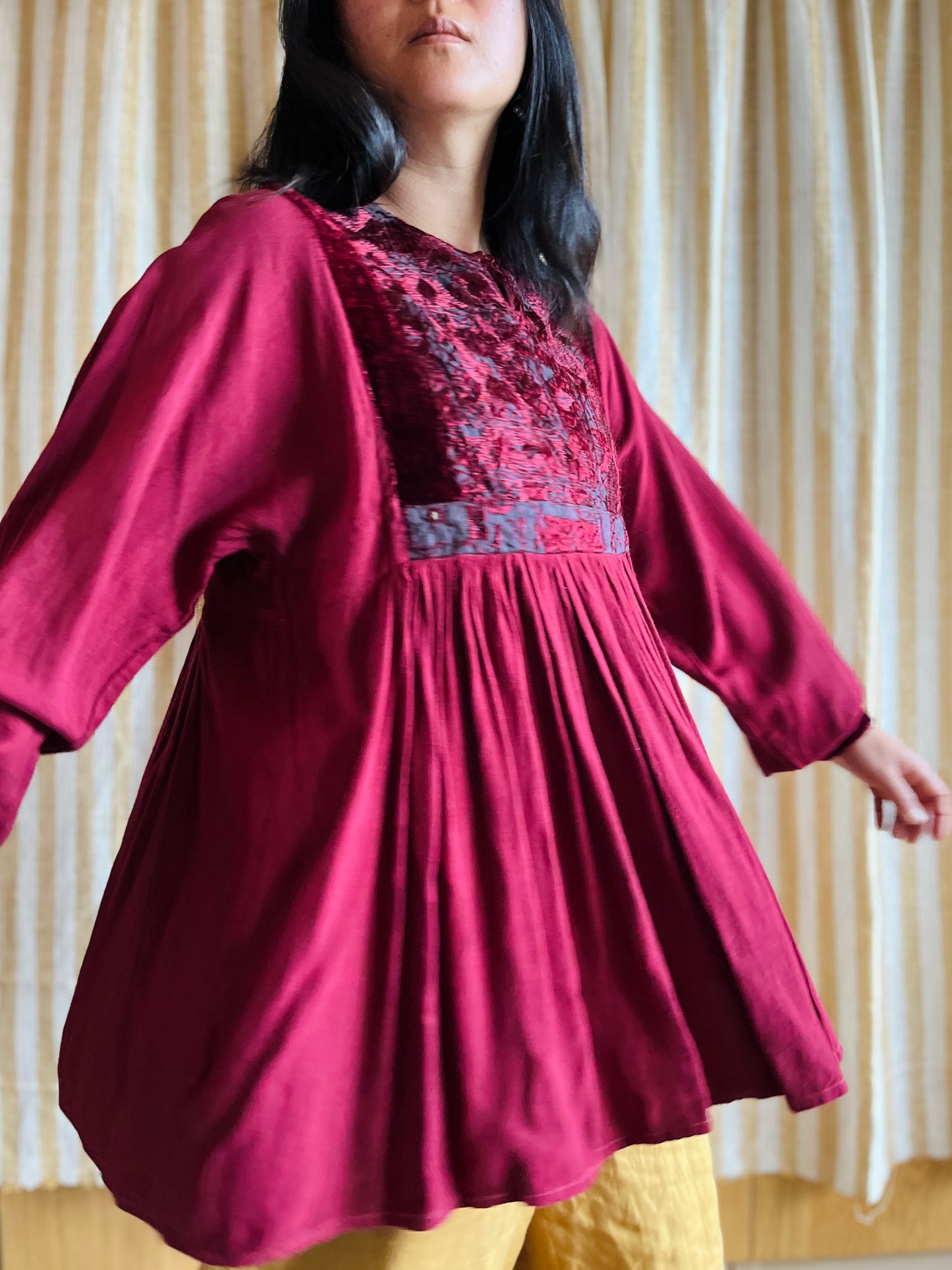 70s Burgundy velvet Afghanistan Silk embroidery Tunic