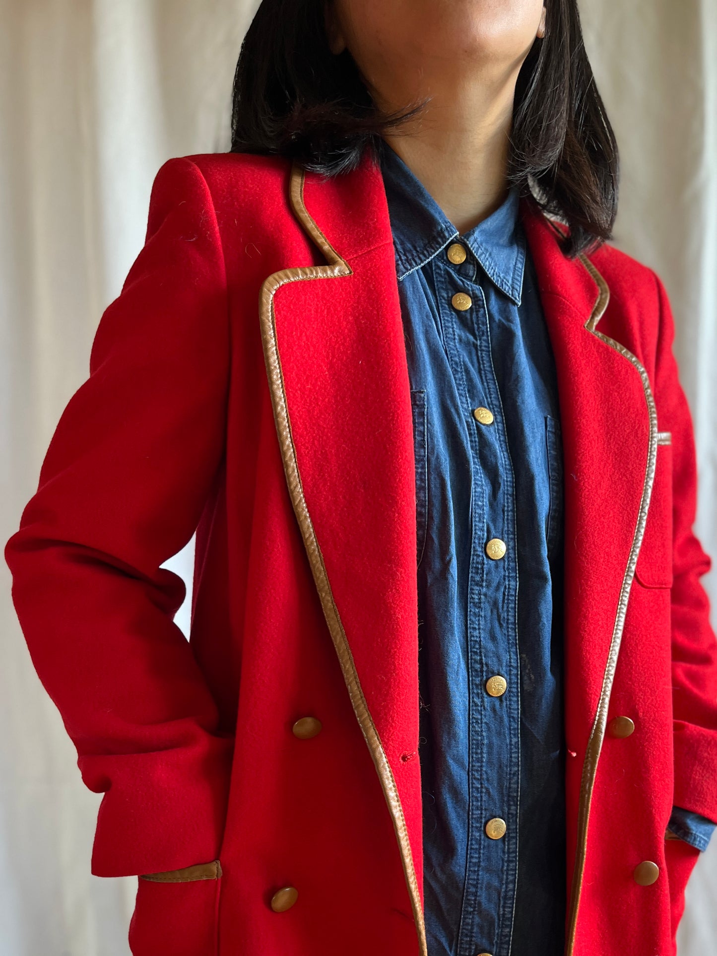 70s Cherry Red Wool Blazer with leather trims