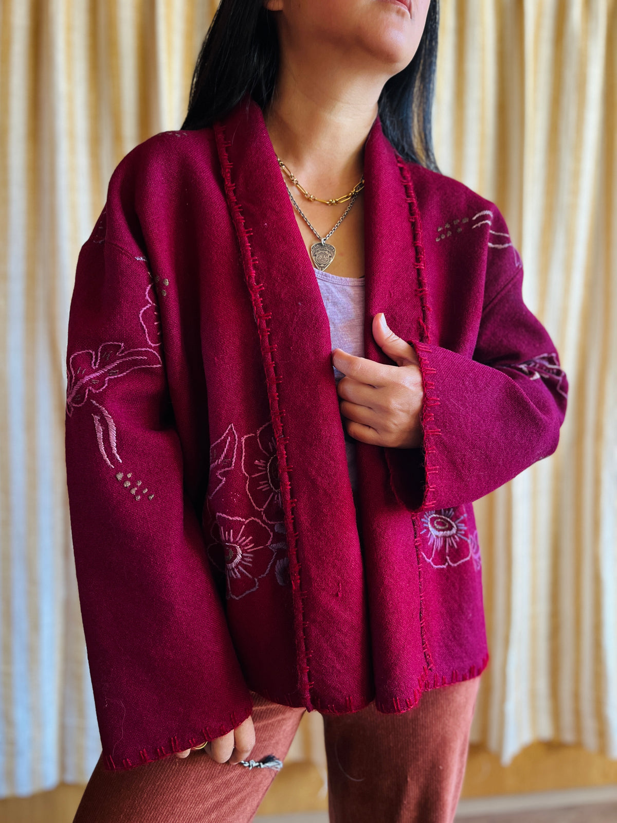 Double Wool Short Kimono with silk and metallic embroidery