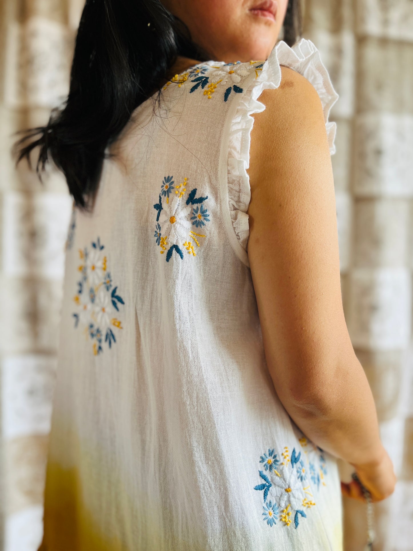 Hand dye cheesecloth scalloped gathered dress