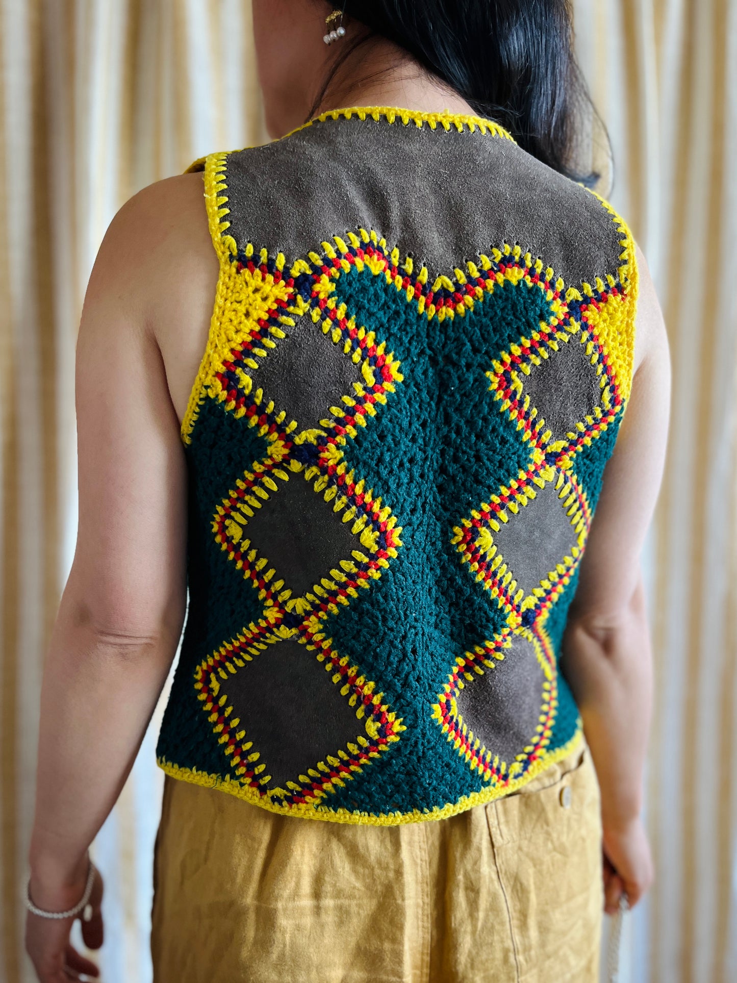 Vintage handmade Suede Crochet Patchwork Gilet