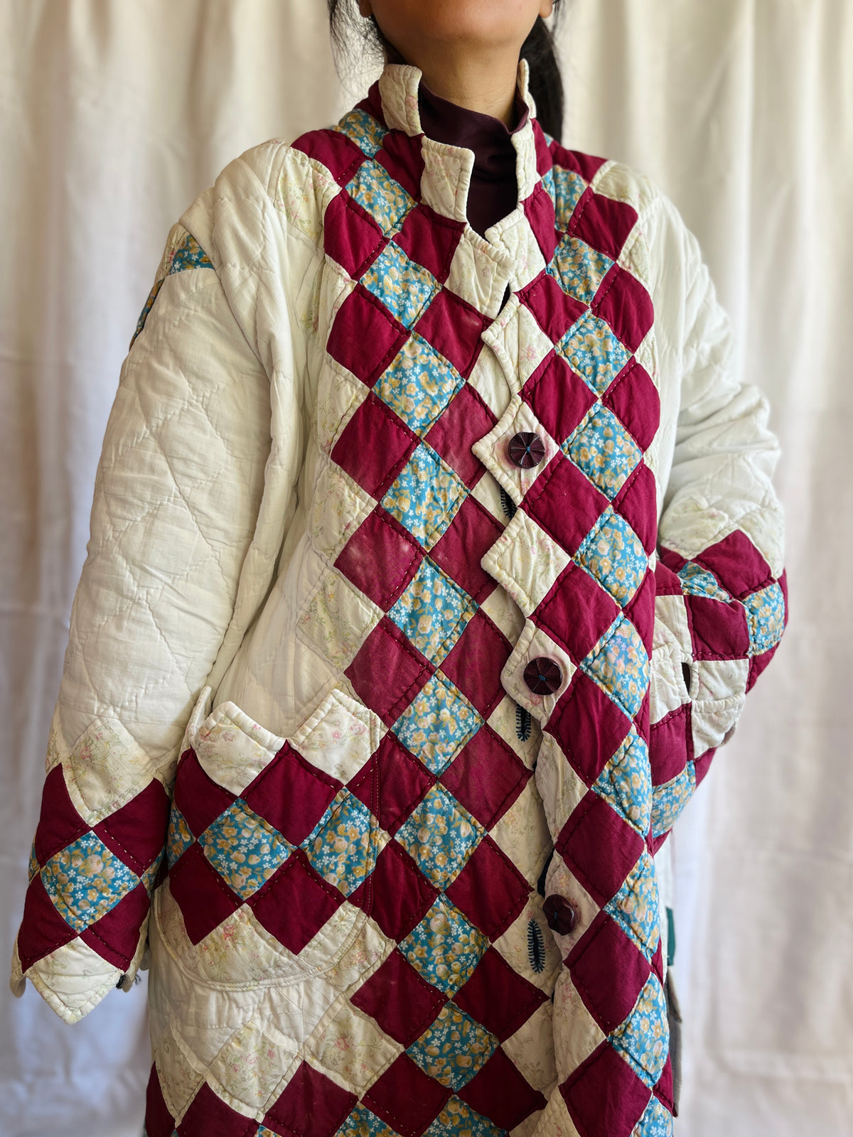 Hand quilted vintage blanket turns Long Coat