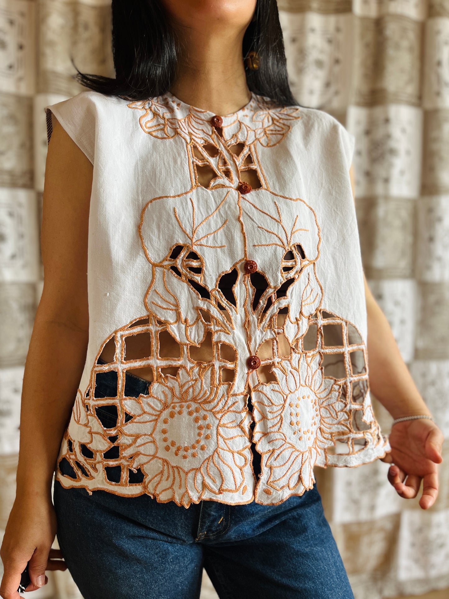 Sunflowers cut work antique top