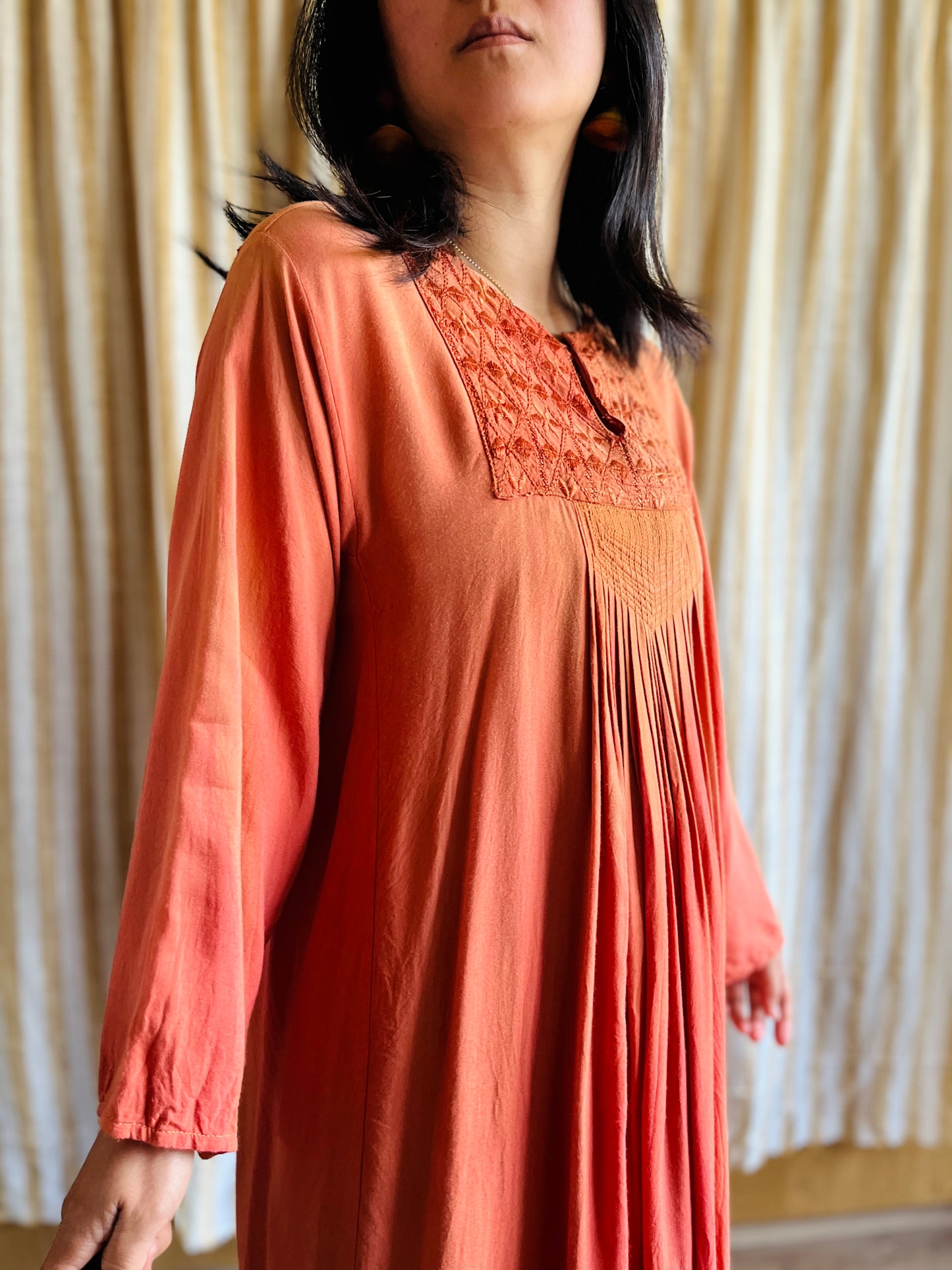 Fading Apricot orange silk embroidered pleated dress