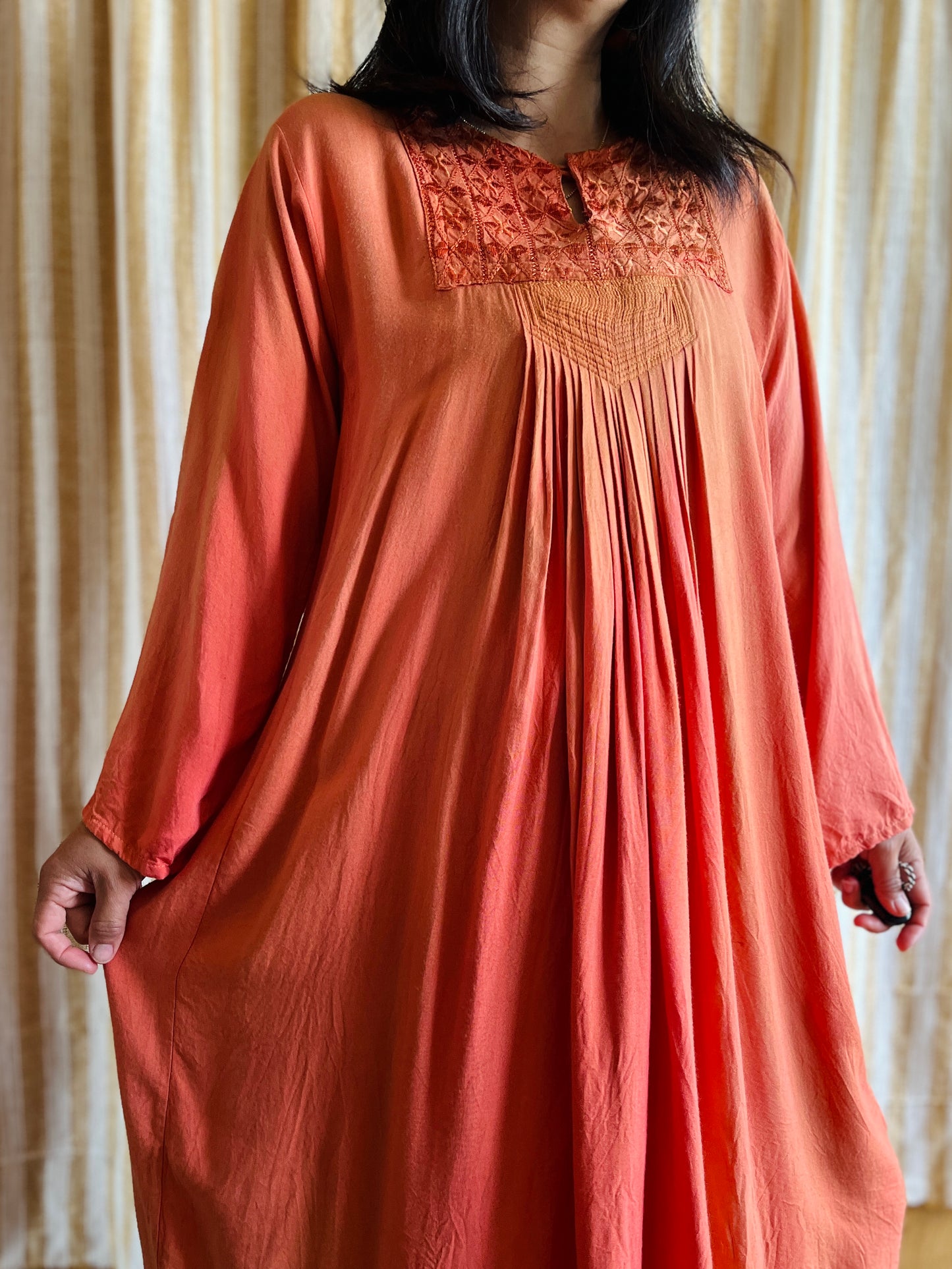 Fading Apricot orange silk embroidered pleated dress