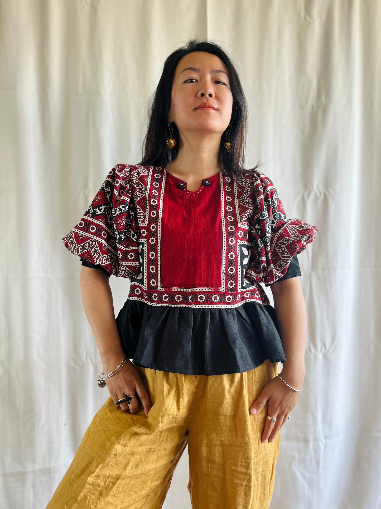 Silky Block Print Air Balloon Sleeve Tunic