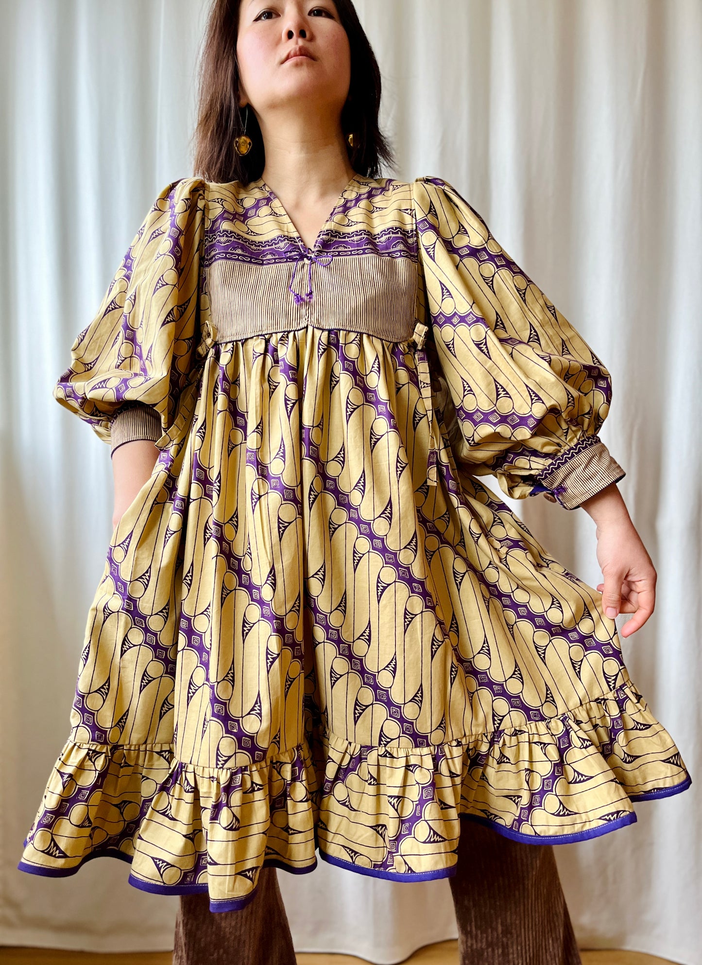 Batik Fabric turns 70s Goddess Dress Balloon Sleeves