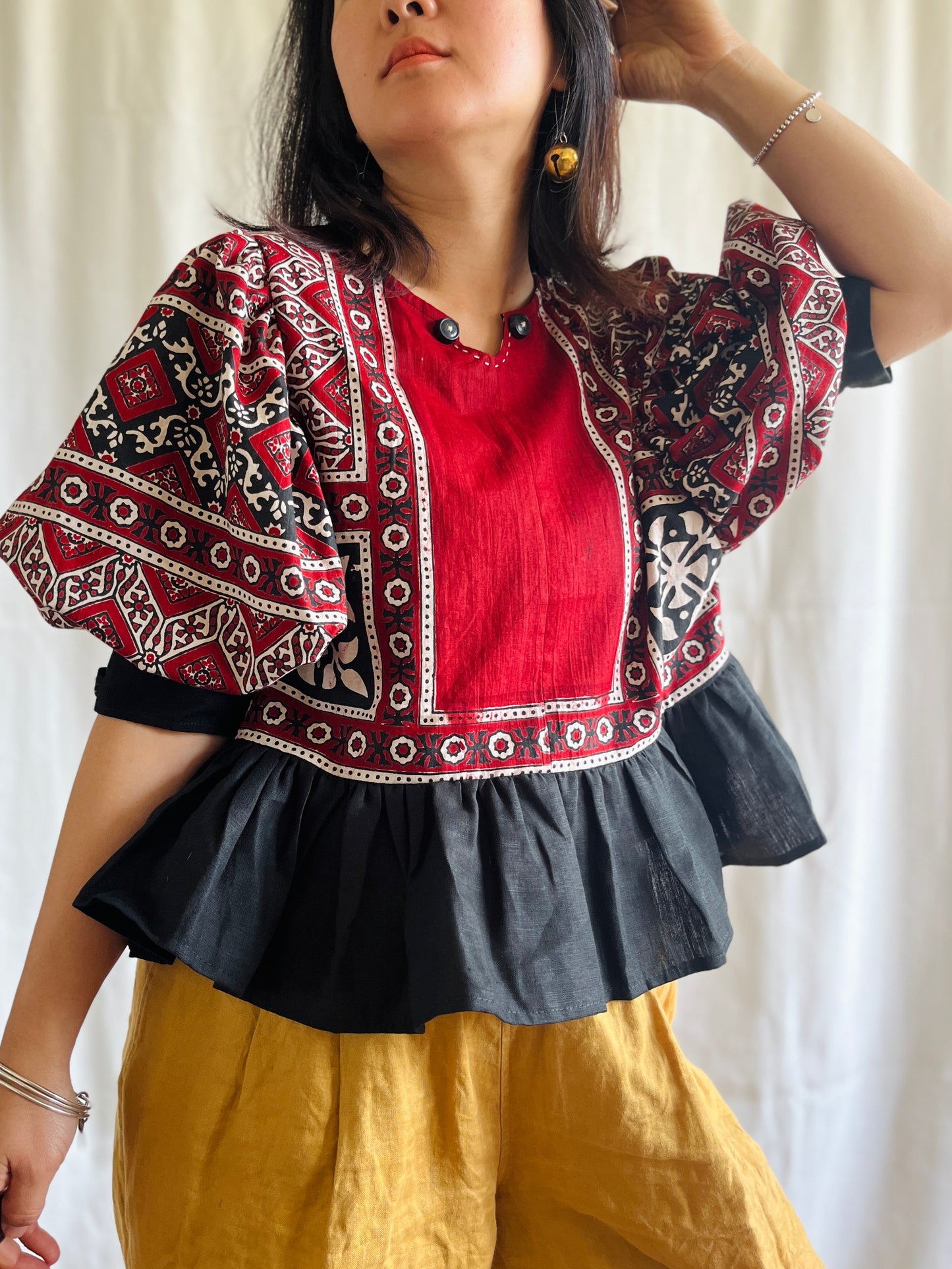Silky Block Print Air Balloon Sleeve Tunic