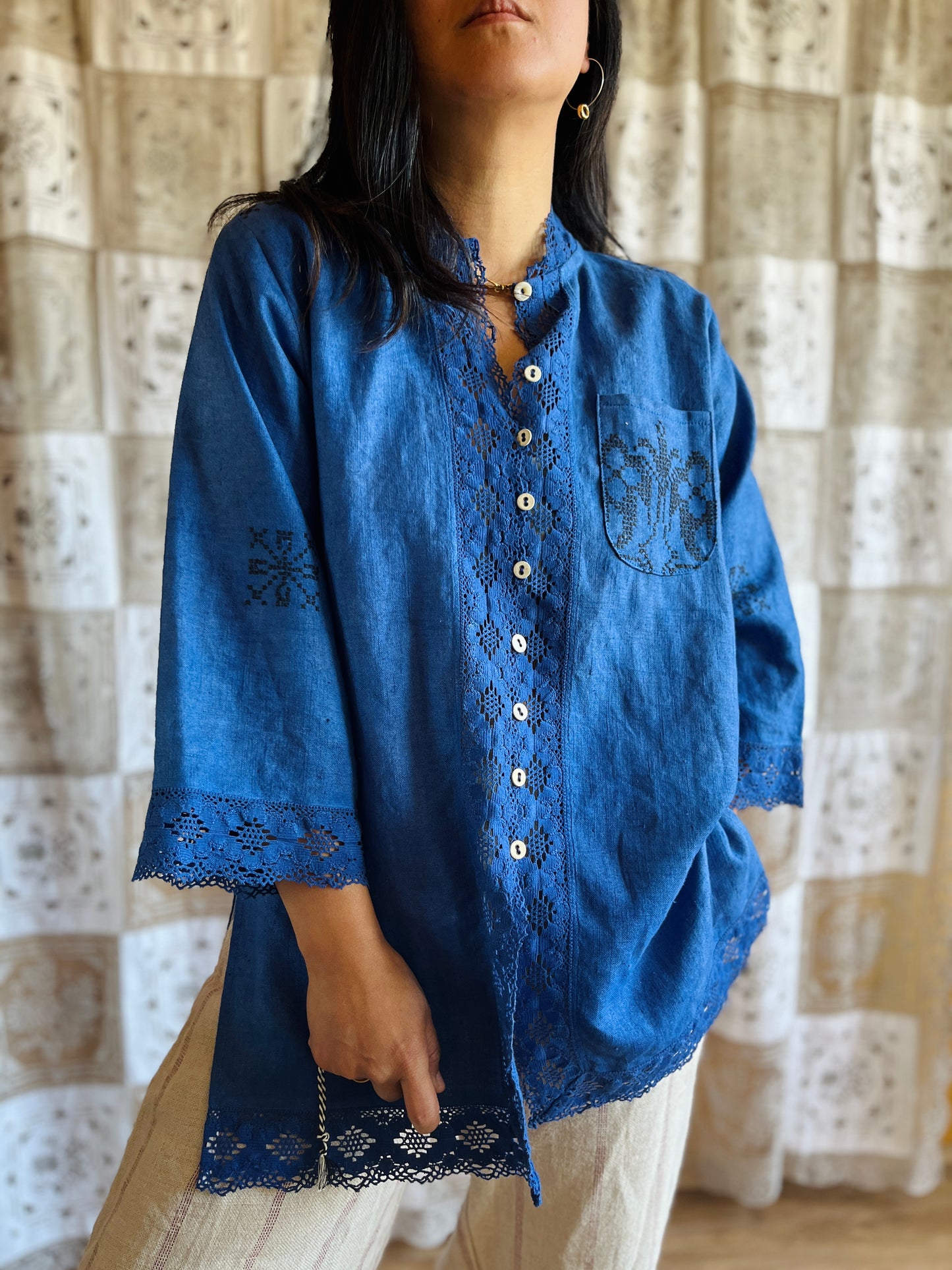 Indigo dyed loose fit linen shirt