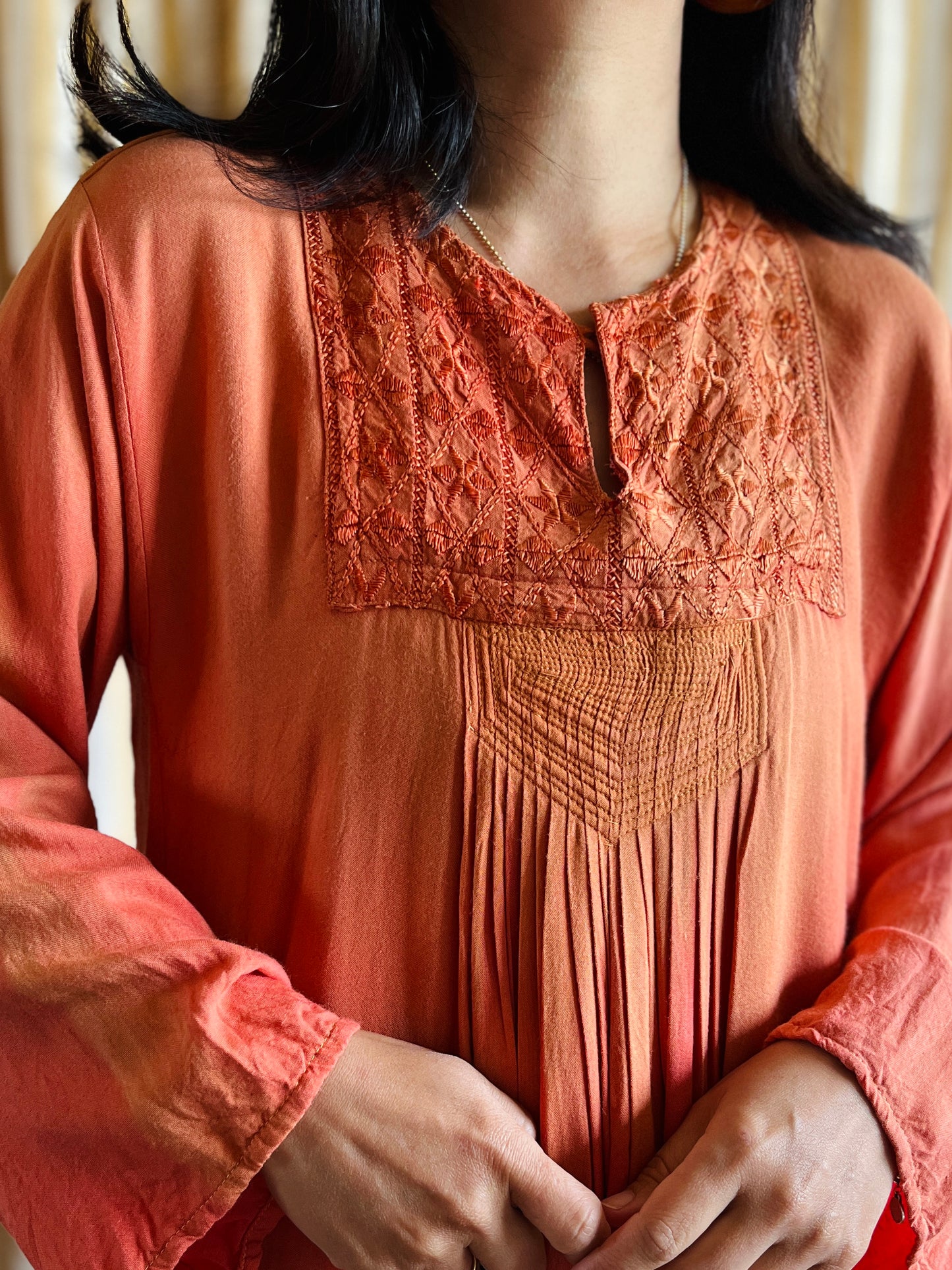 Fading Apricot orange silk embroidered pleated dress