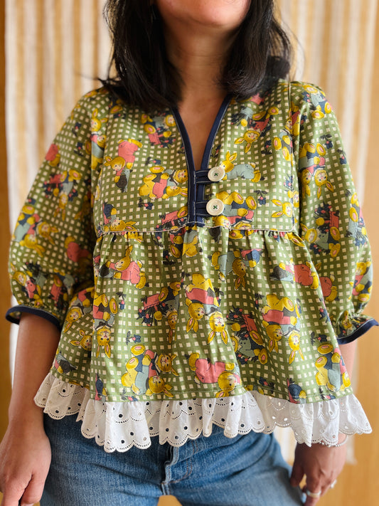 Rabbit and Snail vintage textile Goddess Blouse