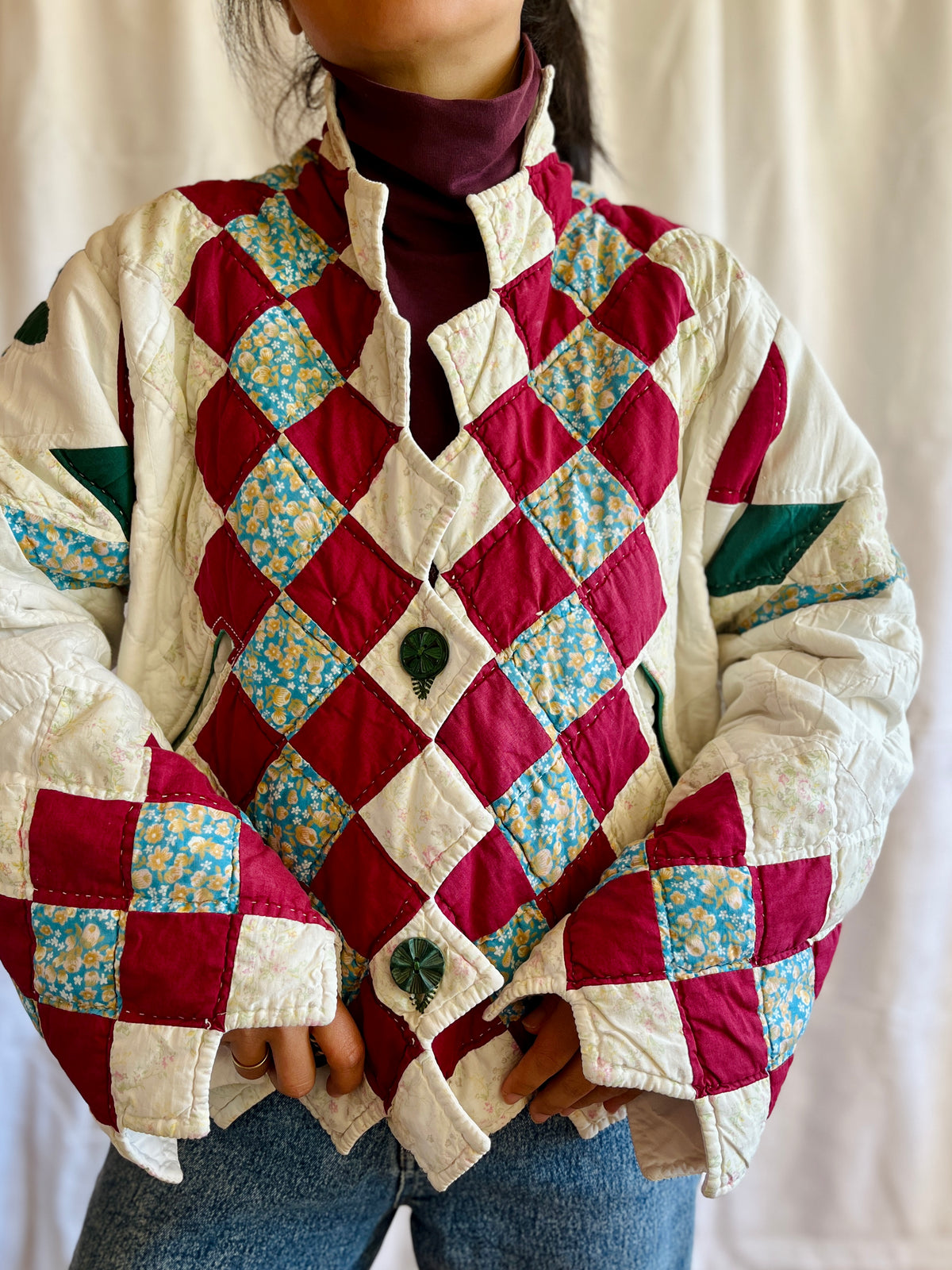 Hand quilted vintage blanket turns Short Coat