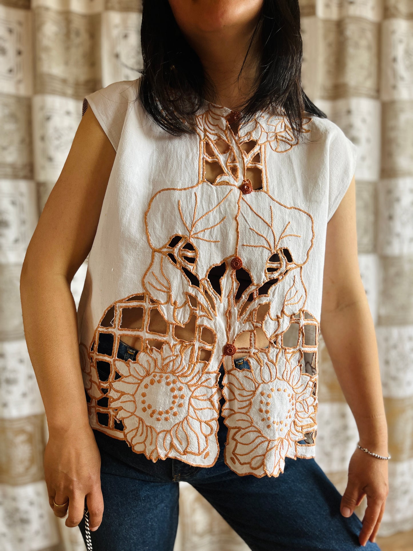 Sunflowers cut work antique top
