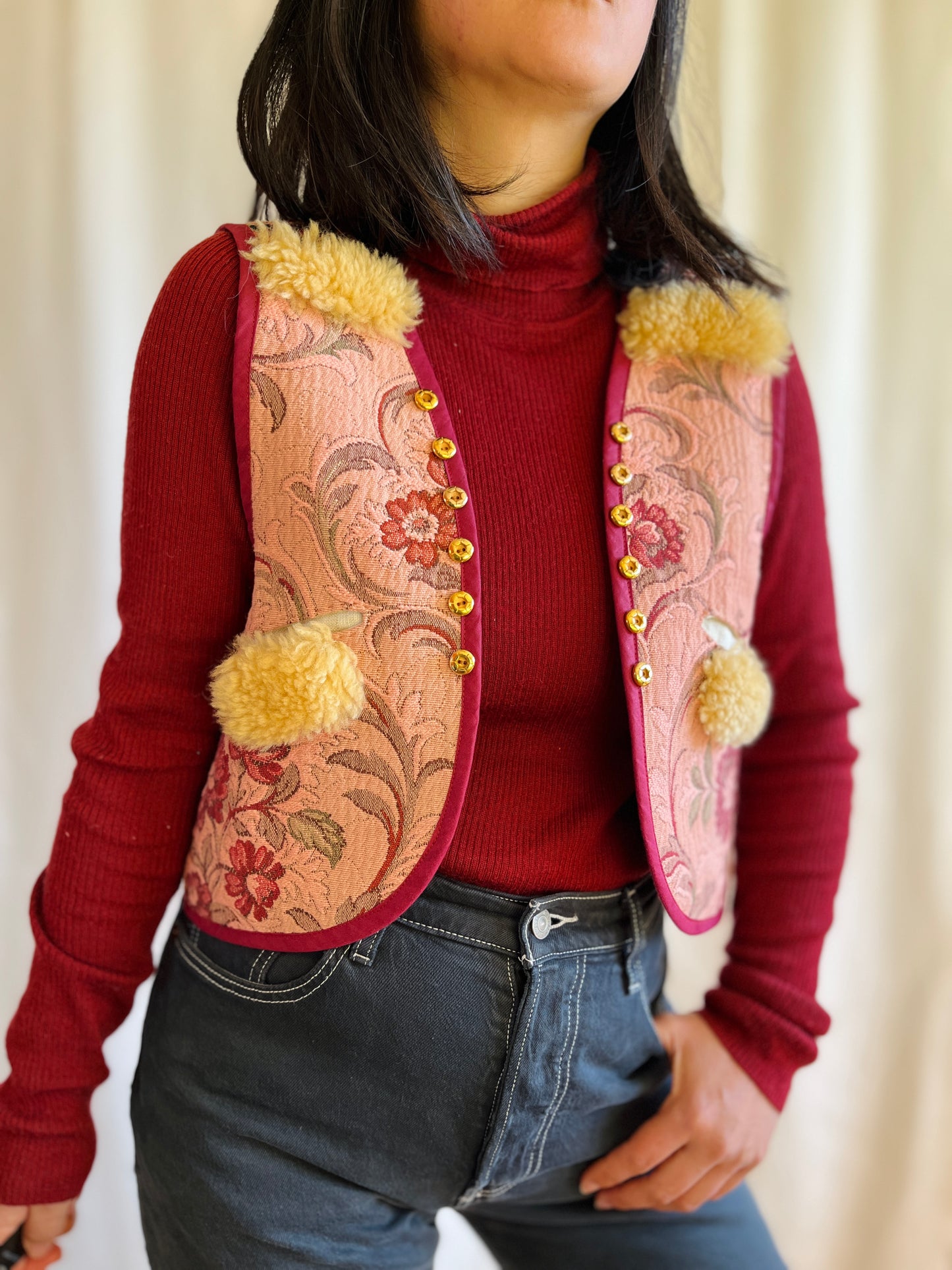 Sweater Gilet made from Vintage tapestry and shearling scraps