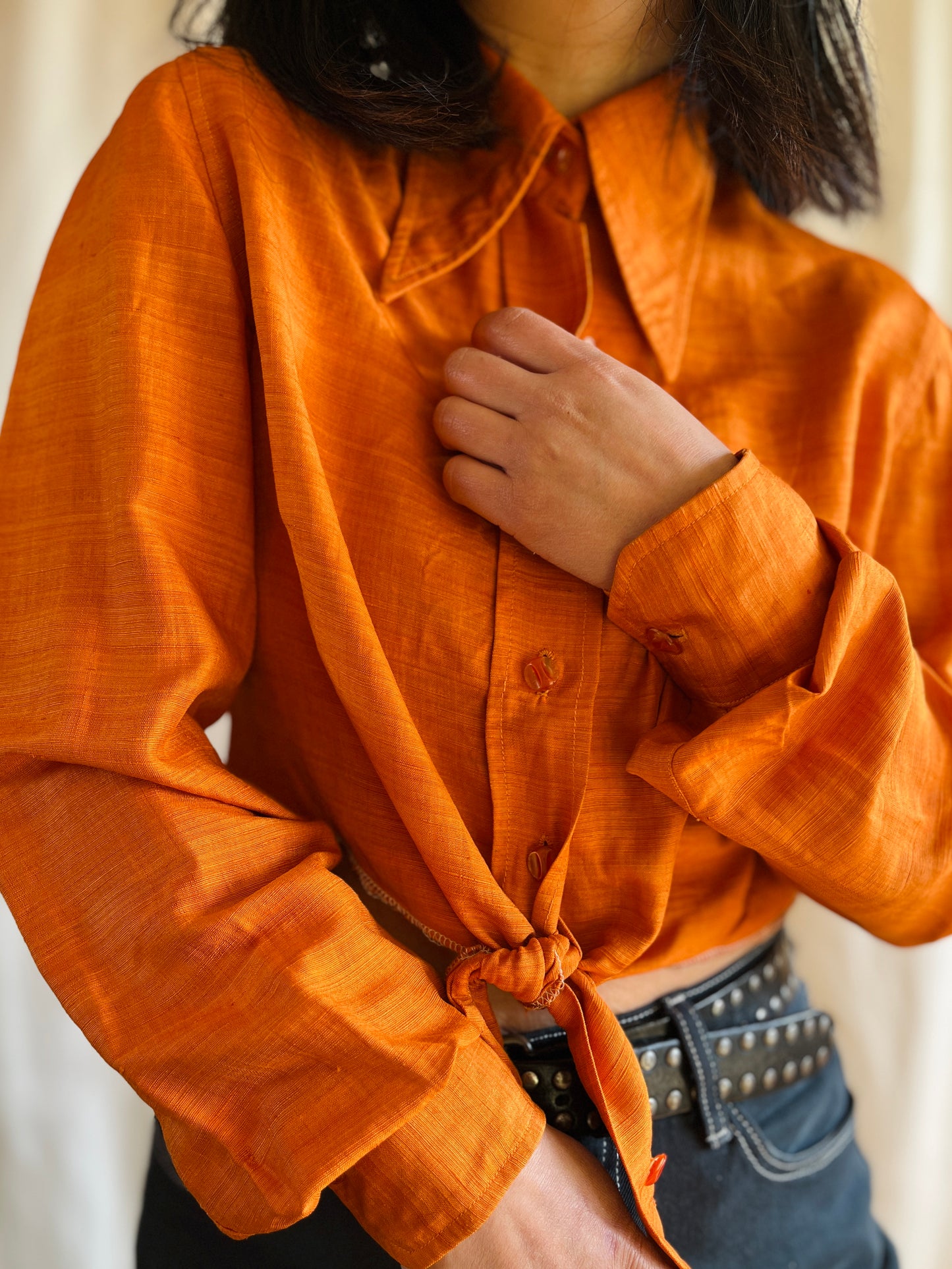 70s Pointy Collar copper metallic orange festive cropped shirt