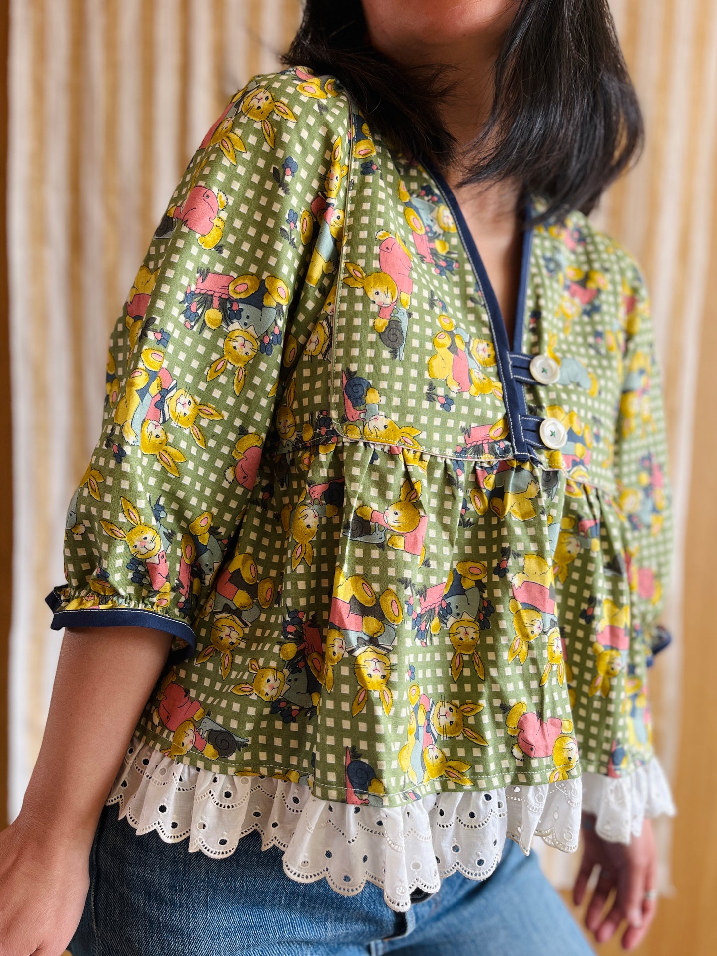 Rabbit and Snail vintage textile Goddess Blouse