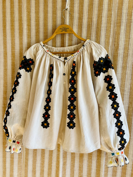 Antique 1930s Romanian Embroidered Folk Blouse