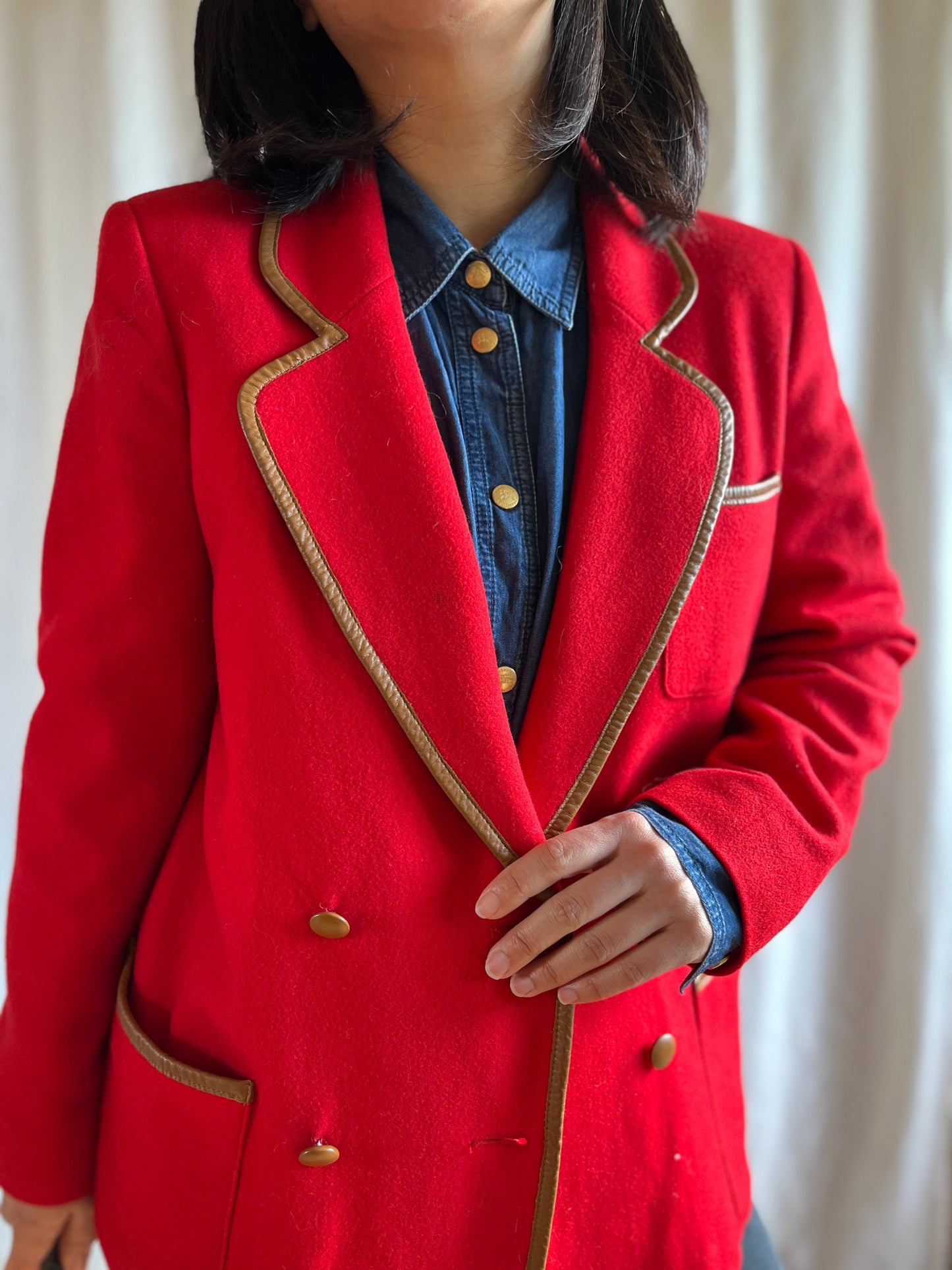 70s Cherry Red Wool Blazer with leather trims