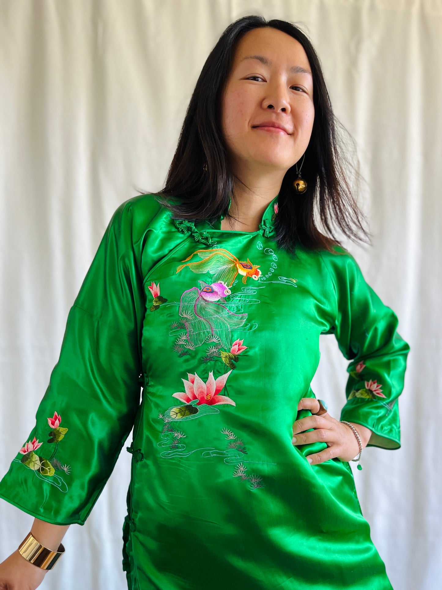 Vintage 60s Handwork Chinese Satin Cheongsam Qipao with Gold fish hand embroidery