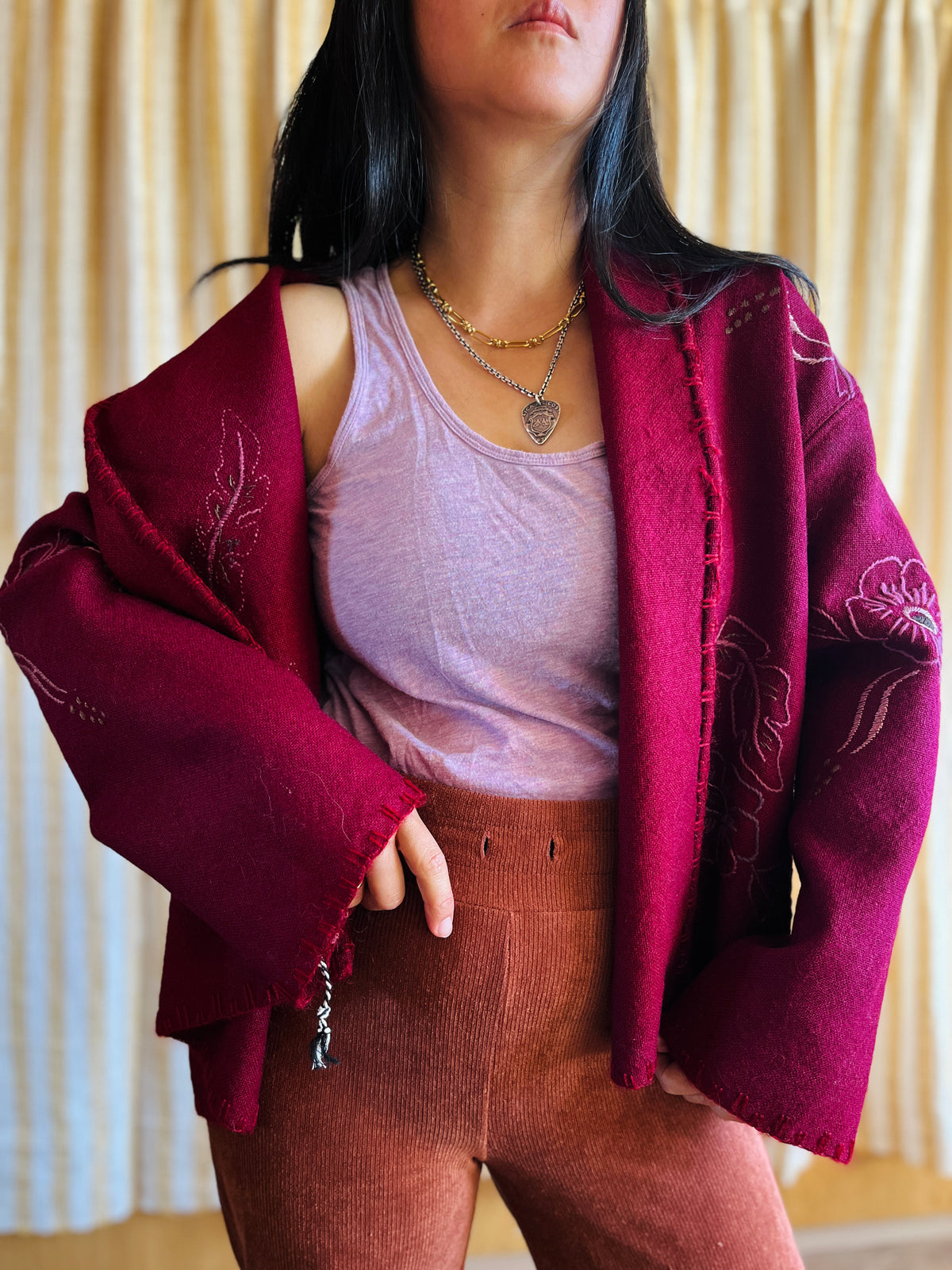 Double Wool Short Kimono with silk and metallic embroidery