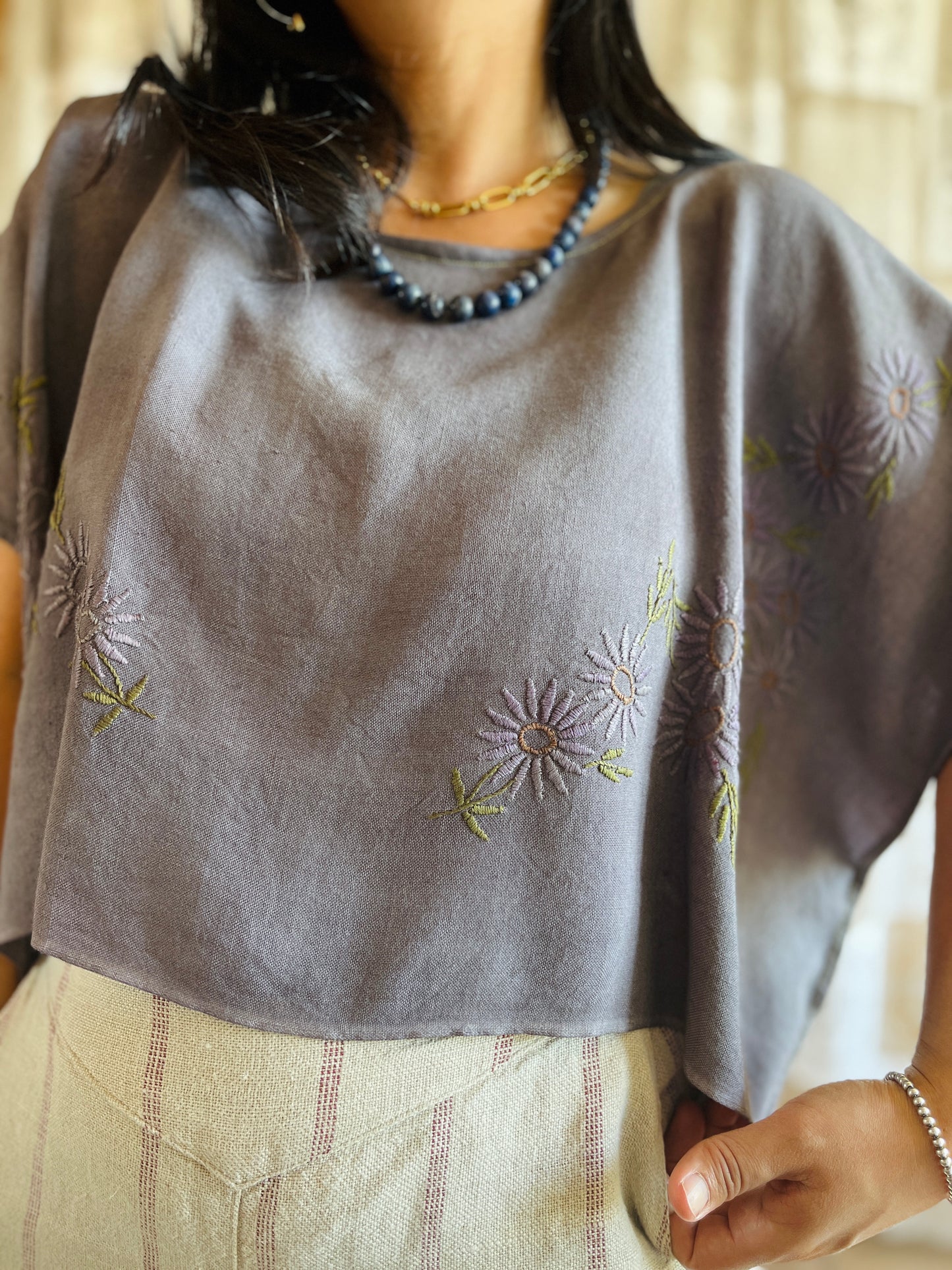 Square circle draped tee - Grey floral