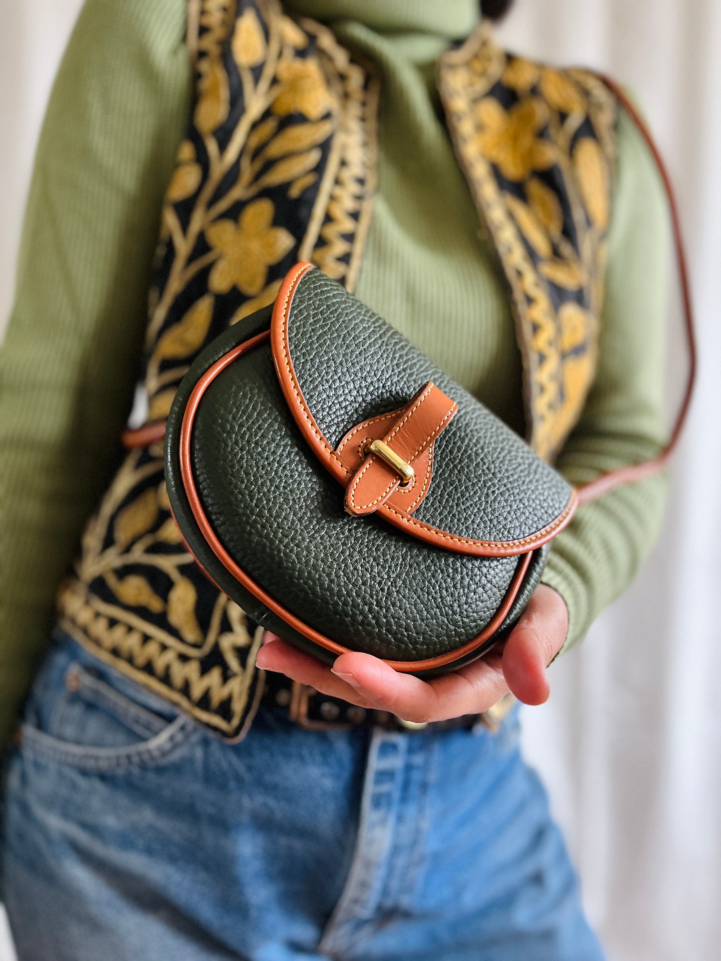 1990s Forest Green British Tan Mini Flap Bag