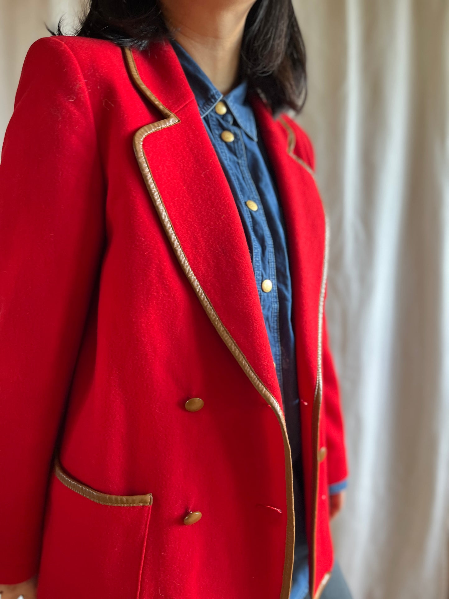 70s Cherry Red Wool Blazer with leather trims