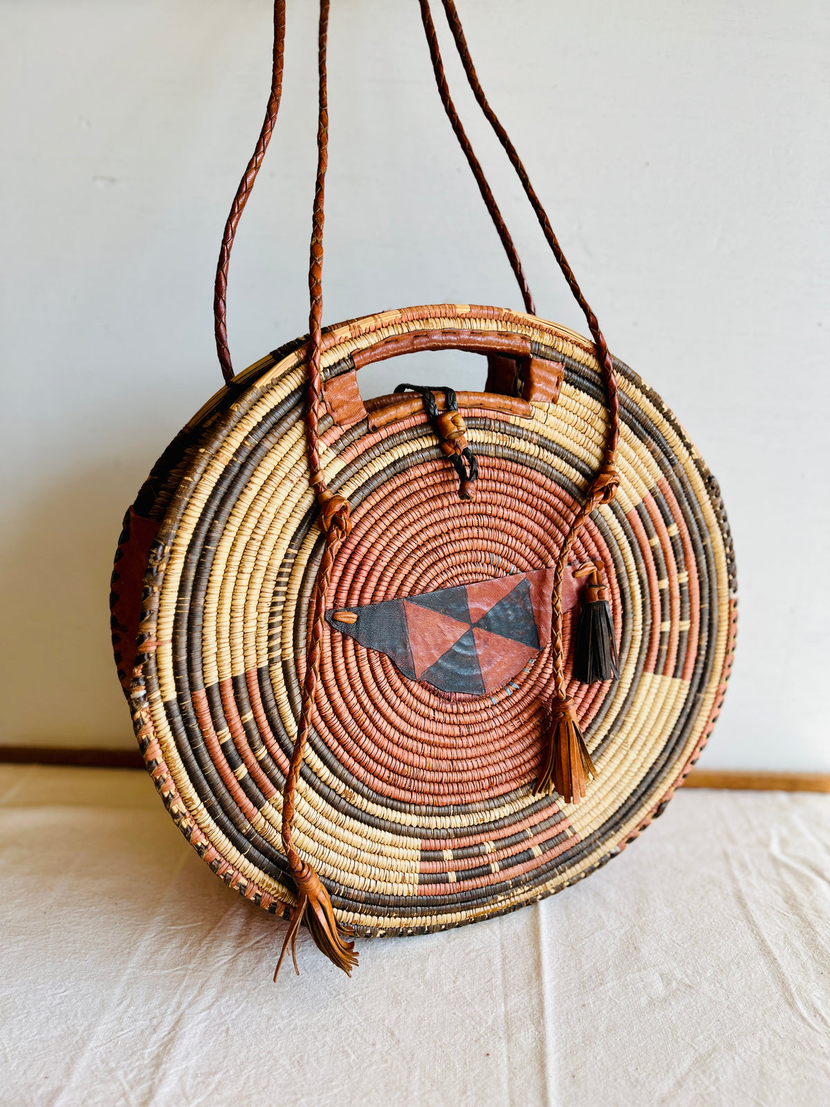 Vintage African Handwoven Round Basket Bag Raffia Shopper