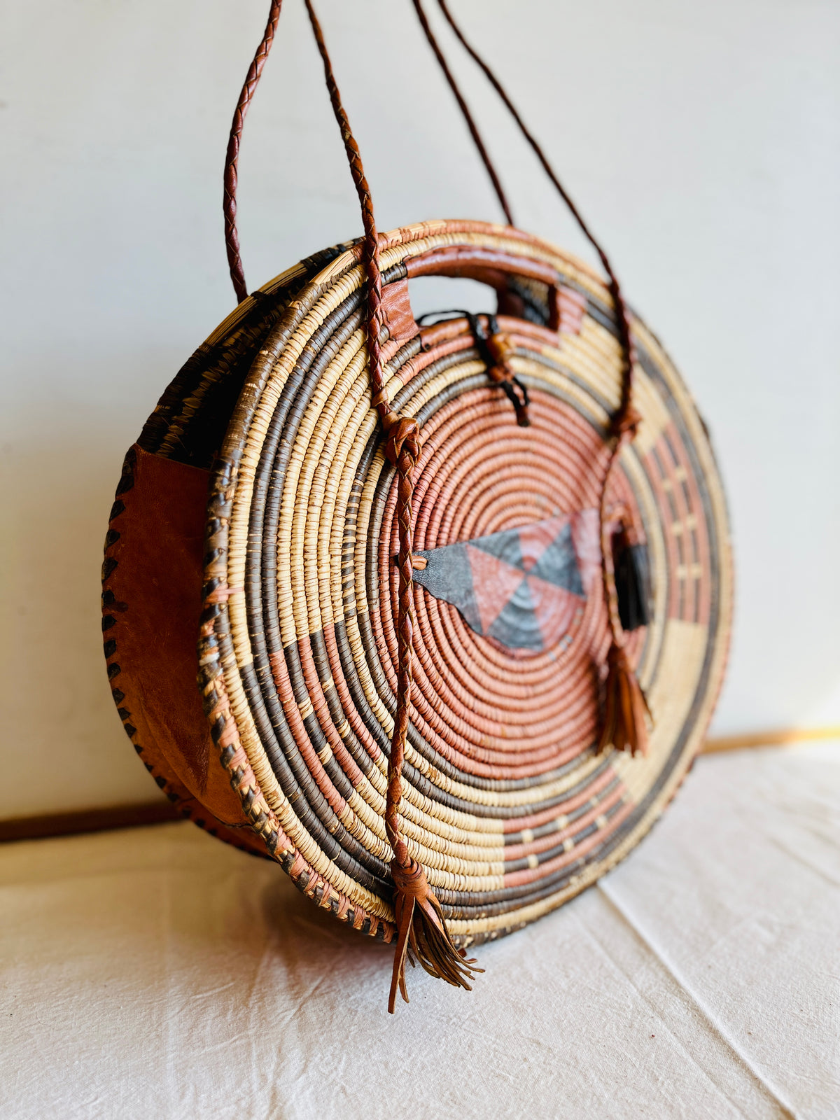 Vintage African Handwoven Round Basket Bag Raffia Shopper