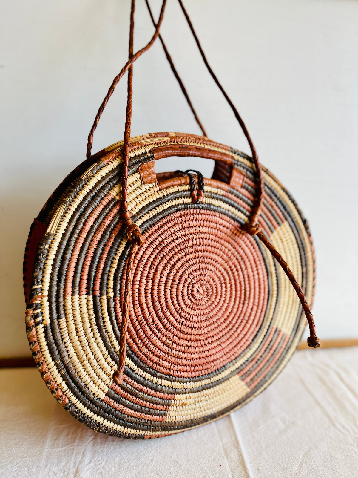 Vintage African Handwoven Round Basket Bag Raffia Shopper