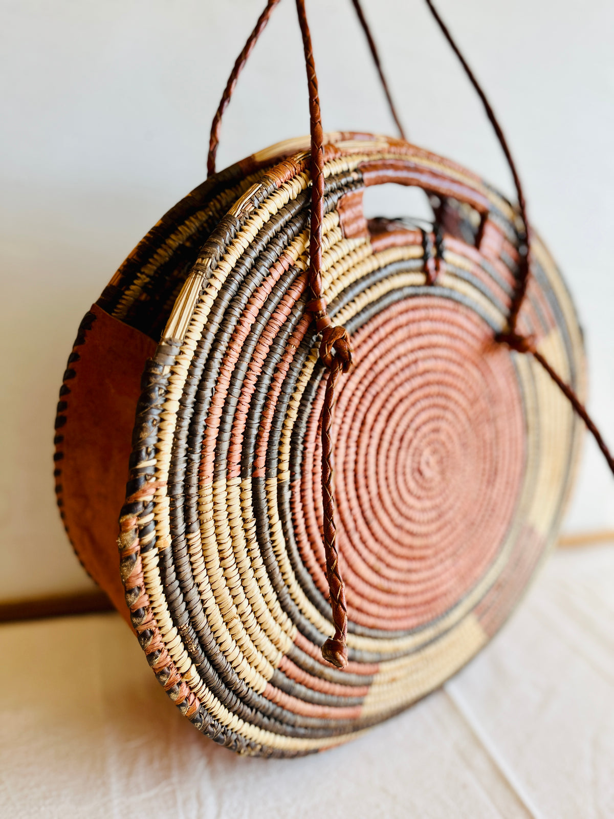 Vintage African Handwoven Round Basket Bag Raffia Shopper