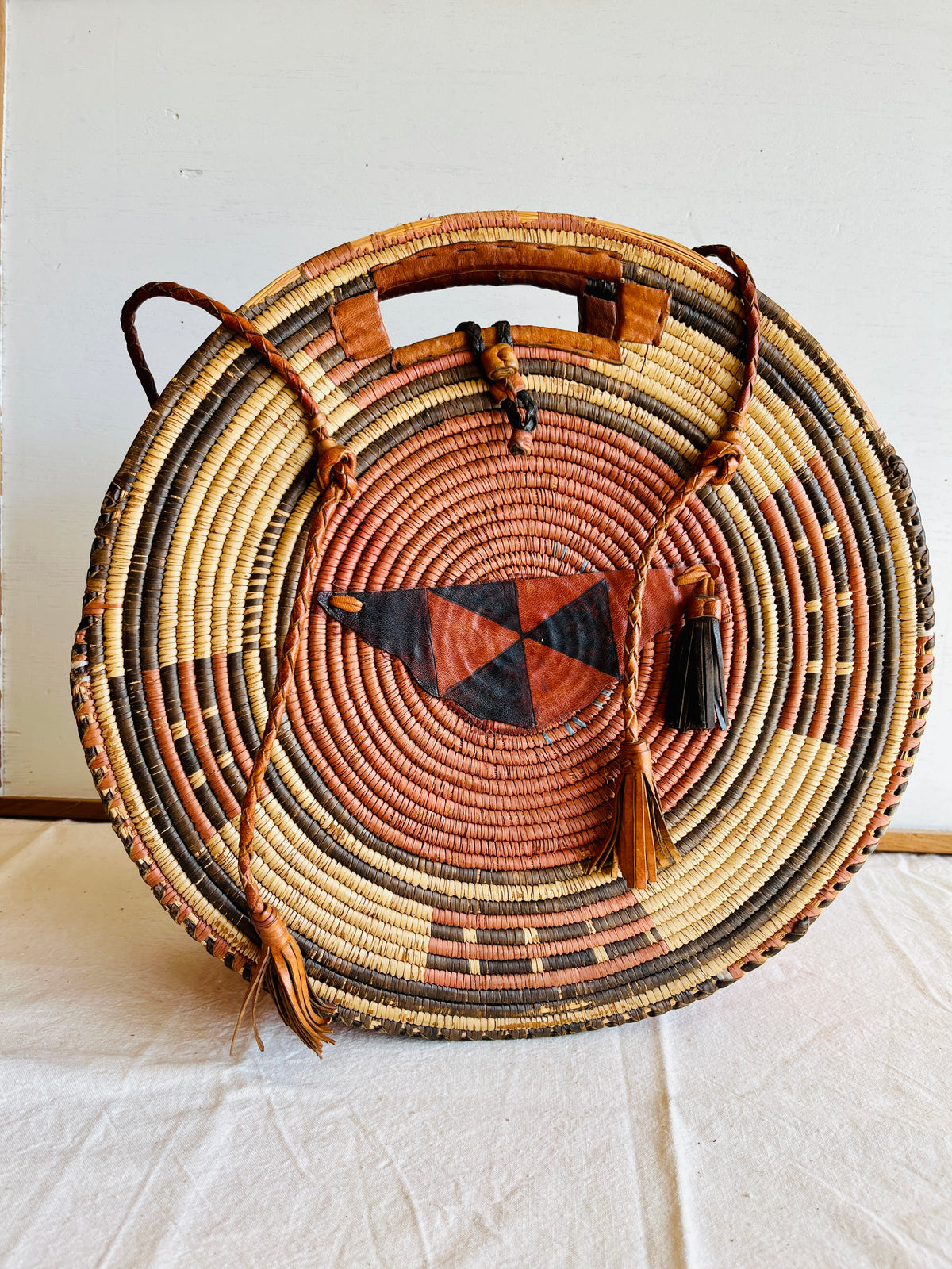 Vintage African Handwoven Round Basket Bag Raffia Shopper