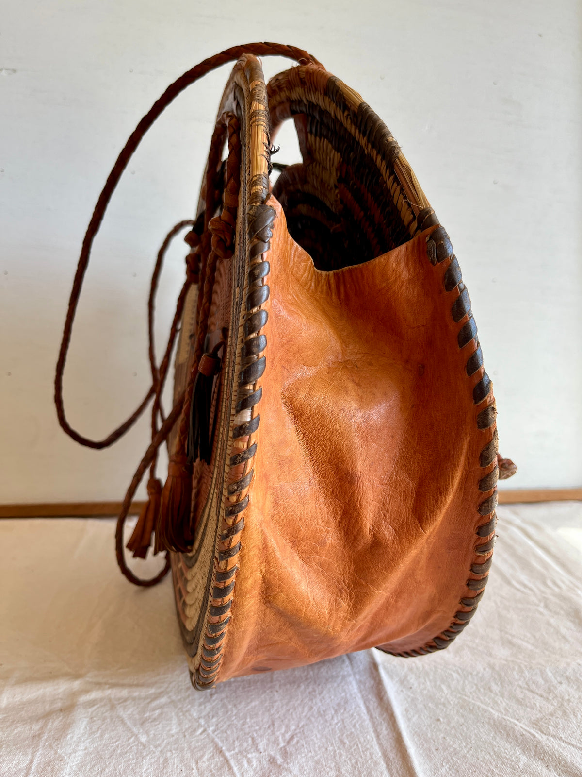 Vintage African Handwoven Round Basket Bag Raffia Shopper