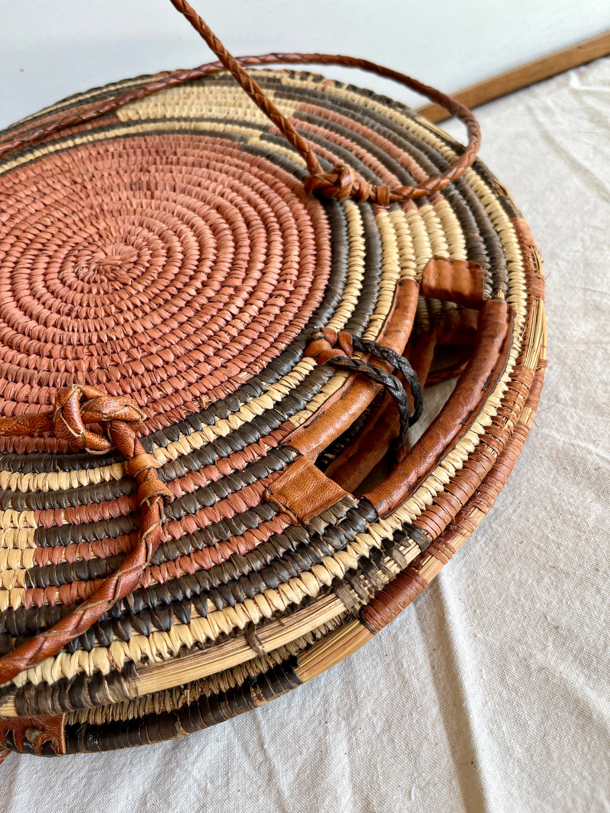 Vintage African Handwoven Round Basket Bag Raffia Shopper