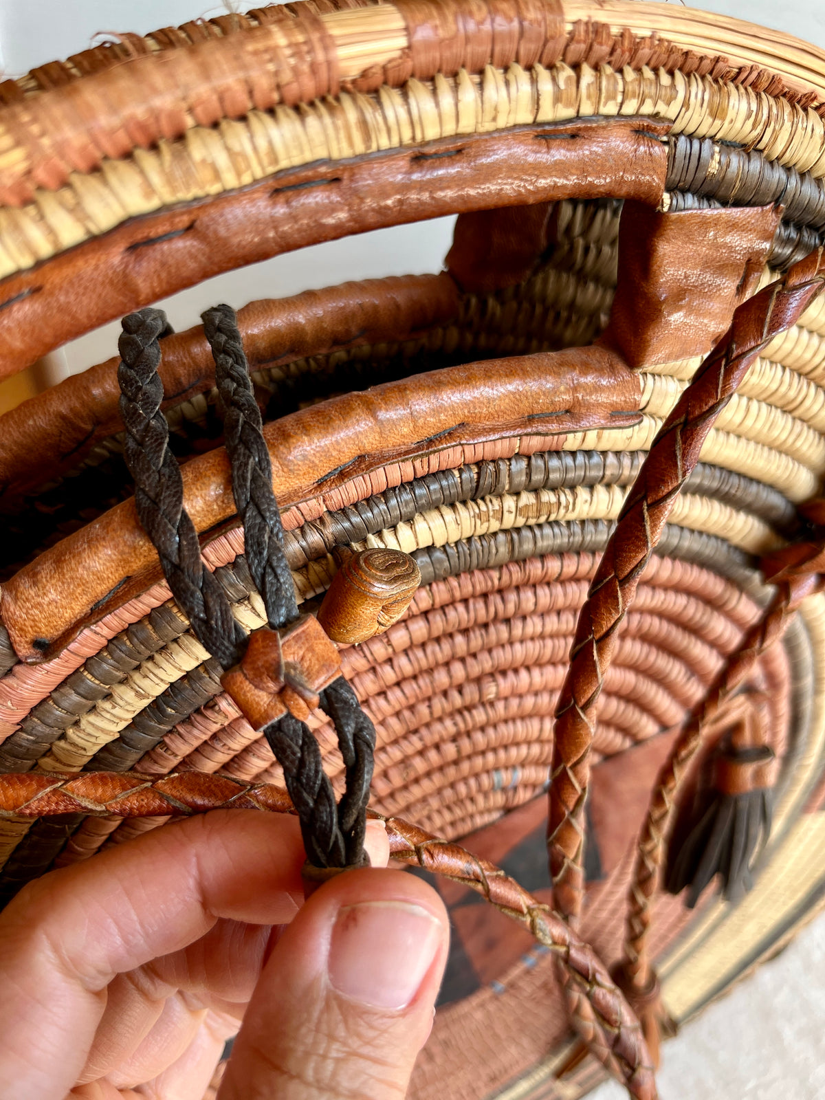 Vintage African Handwoven Round Basket Bag Raffia Shopper