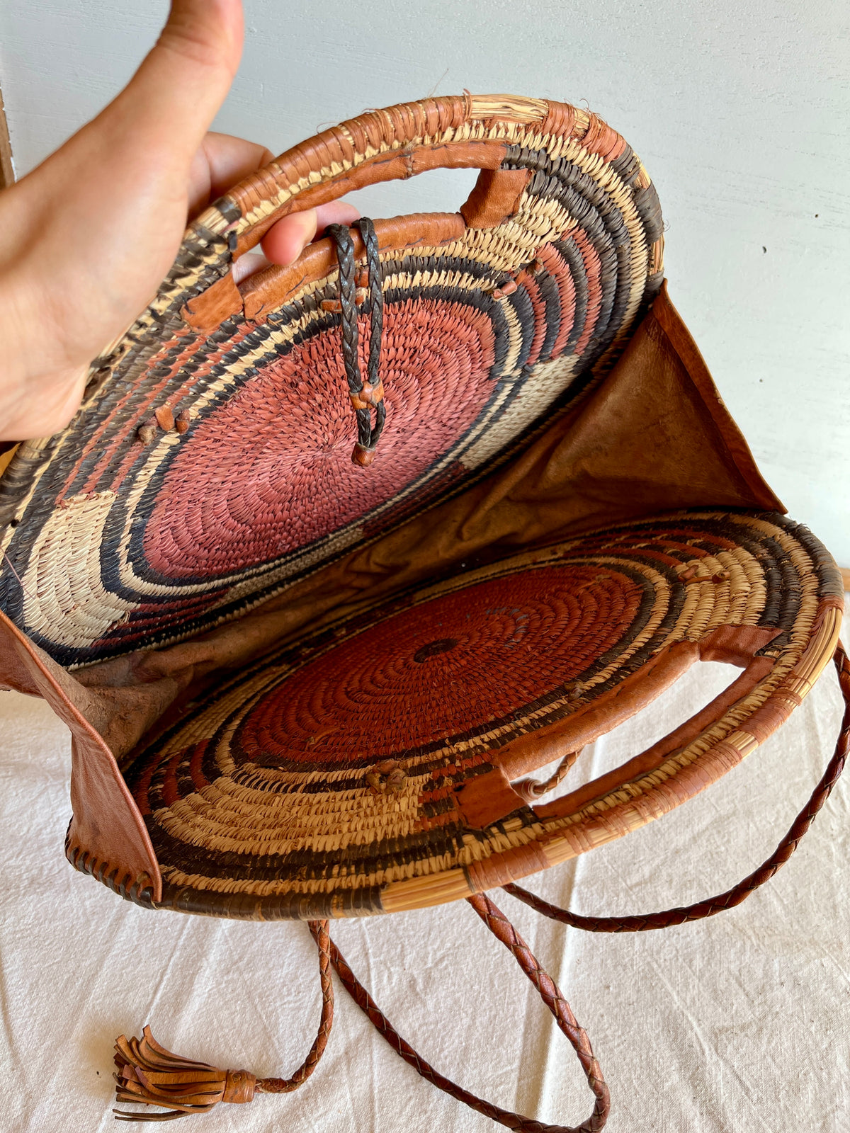 Vintage African Handwoven Round Basket Bag Raffia Shopper